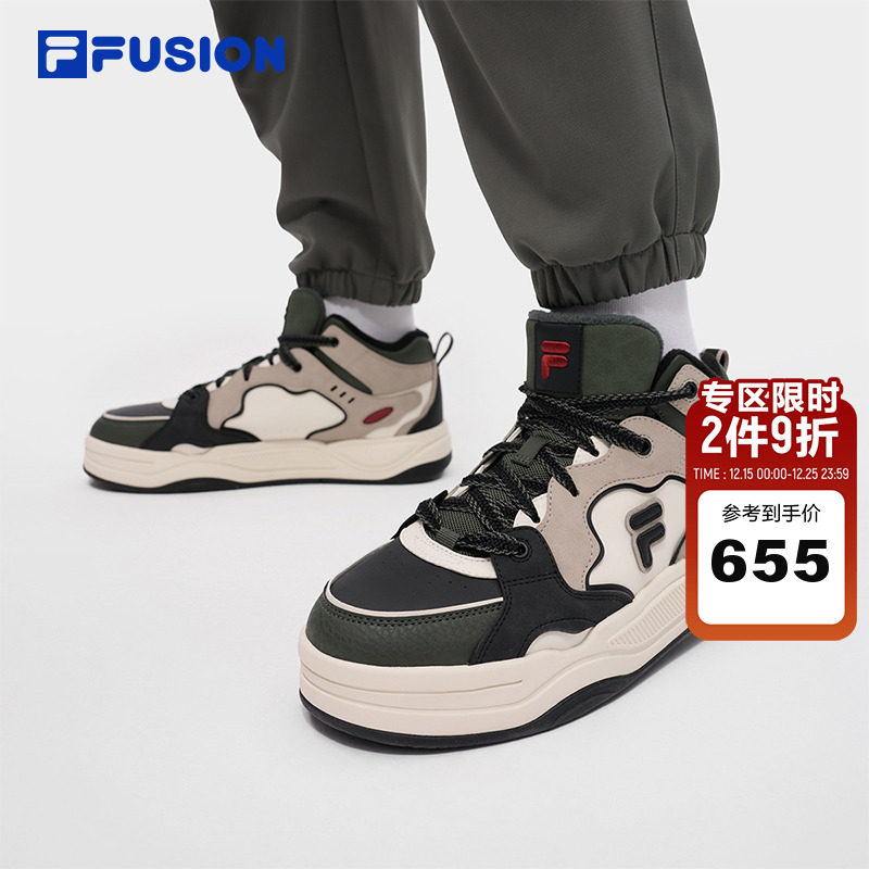 FILA FUSION斐乐潮牌BANK2高帮加绒板鞋2冬季新款男鞋保暖鞋子