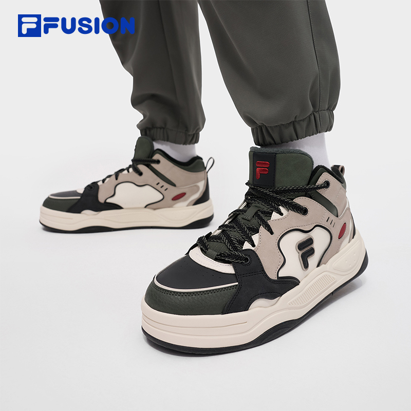 FILA FUSION斐乐潮牌BANK2高帮加绒板鞋2冬季新款男鞋保暖鞋子