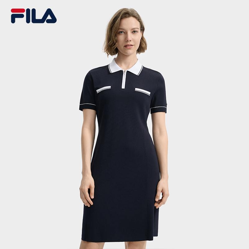 FILA 斐乐官方女子编织连衣裙2025秋季新款时尚休闲撞色修身裙子