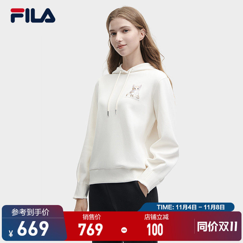 FILA 斐乐官方女子针织连帽上衣2023冬新款时尚休闲猫咪图案卫衣属于什么档次？
