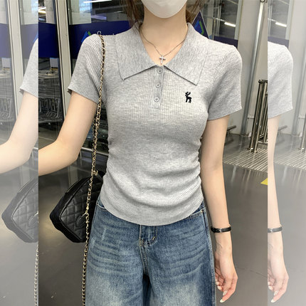 针织短袖t恤女夏修身收腰褶皱高级设计感小众翻领刺绣polo衫上衣