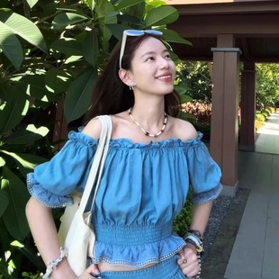 微胖mm一字肩短袖 女夏季 大码 衬衫 荷叶边上衣 高腰半身裙两件套装