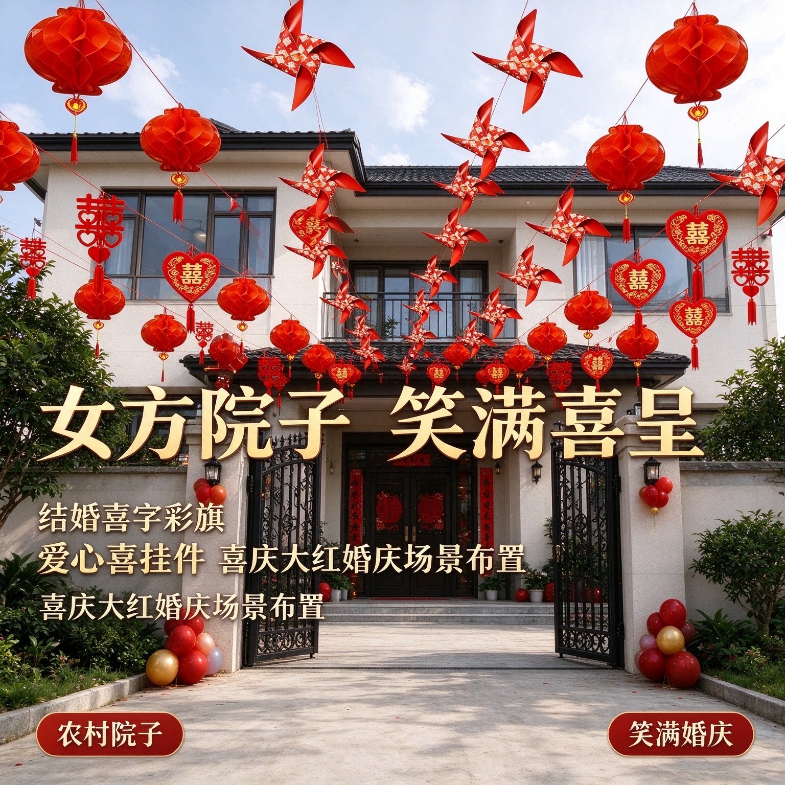 结婚喜字彩旗女方农村院子爱心喜挂件喜庆大红婚庆场景布置用品