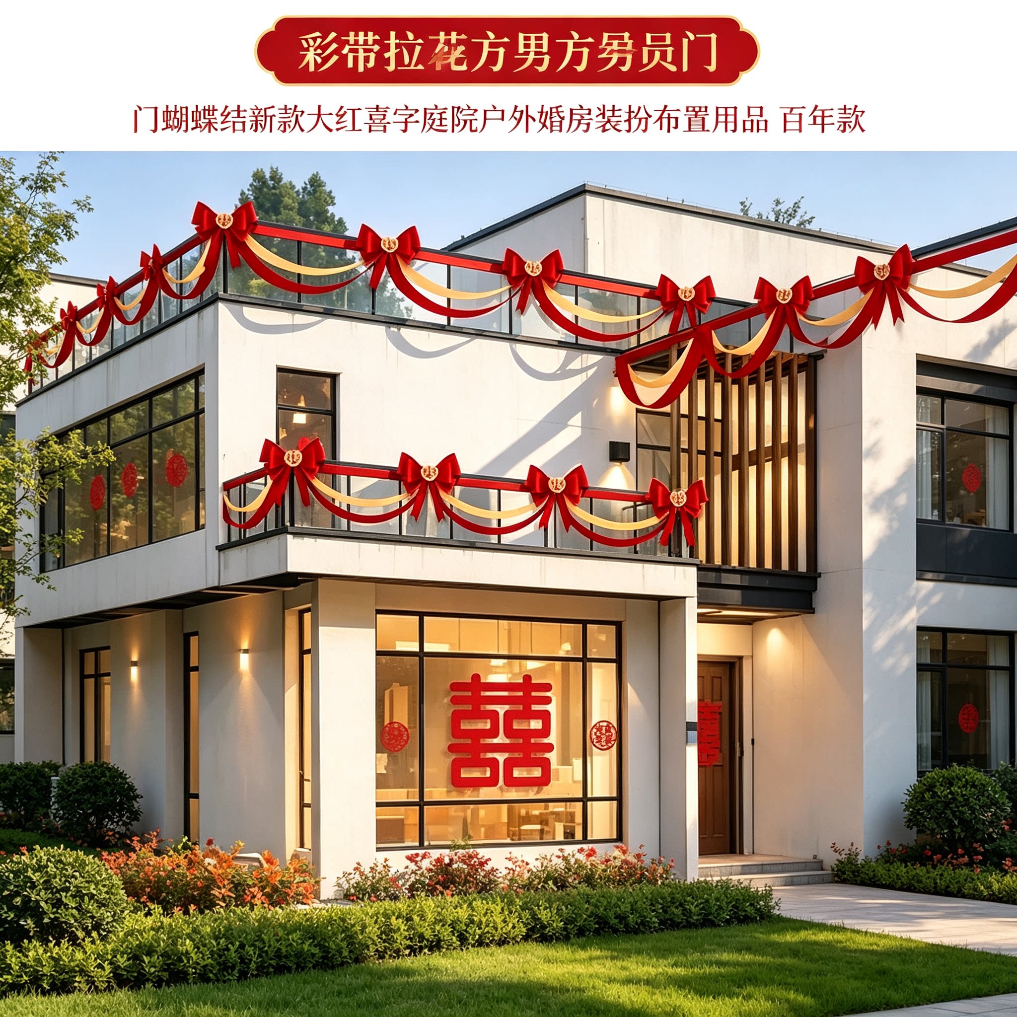 彩带拉花男方单元门蝴蝶结新款大红喜字庭院户外婚房装扮布置用品