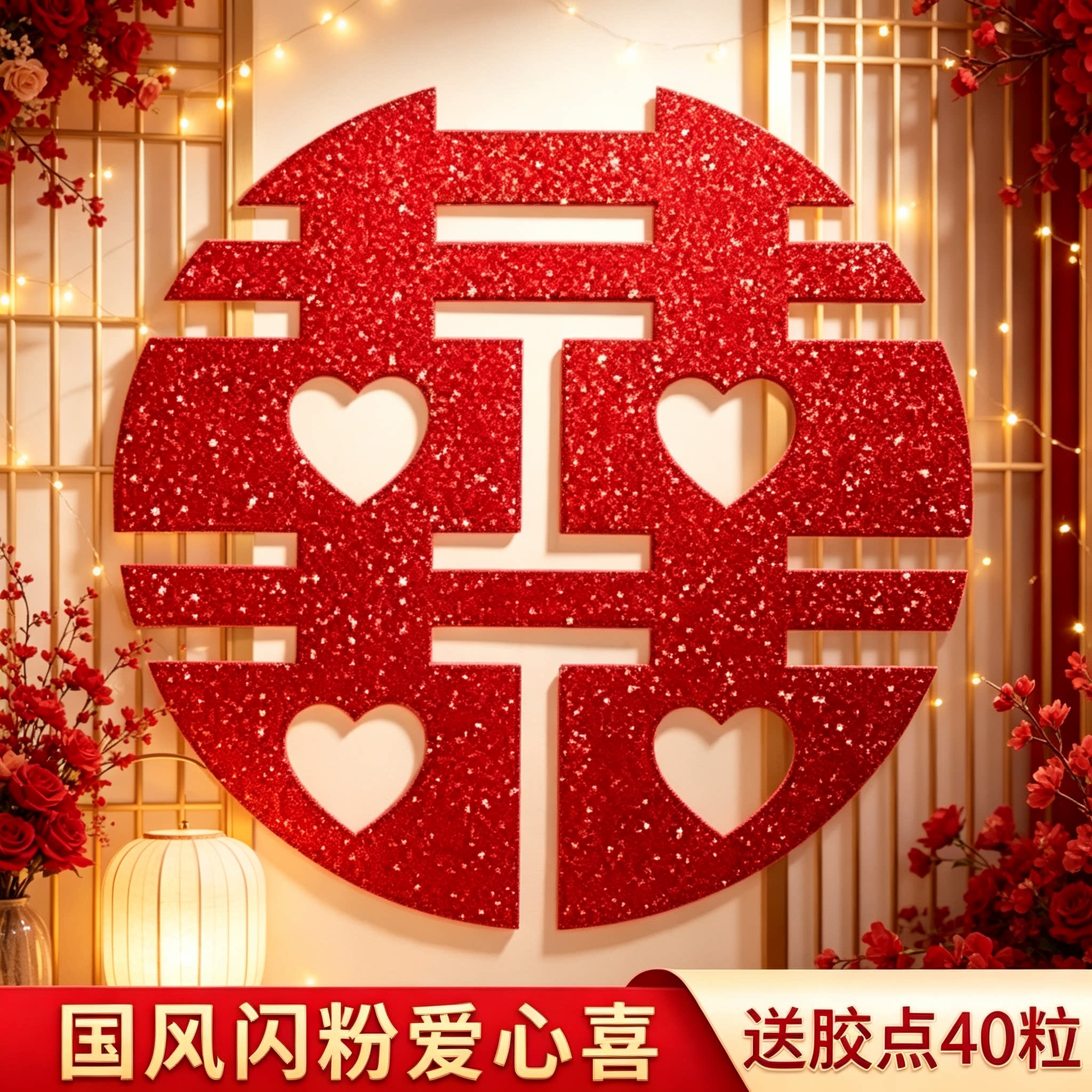 国风闪粉喜字贴婚房入户门窗玻璃囍字贴中式婚礼嫁娶馈赠好礼