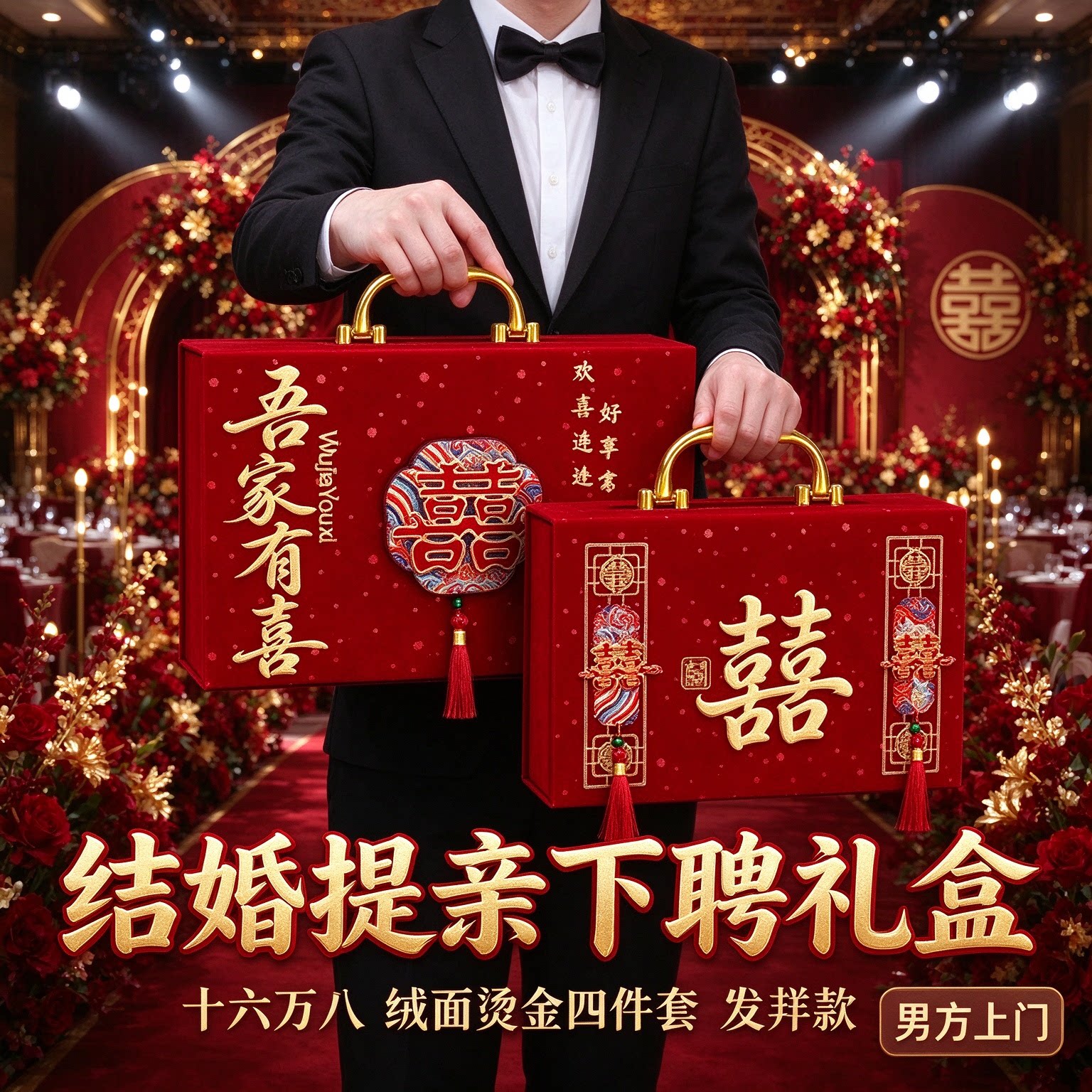 彩礼盒结婚提亲下聘礼金箱男方上门十六万八绒面烫金四件套钱盒子
