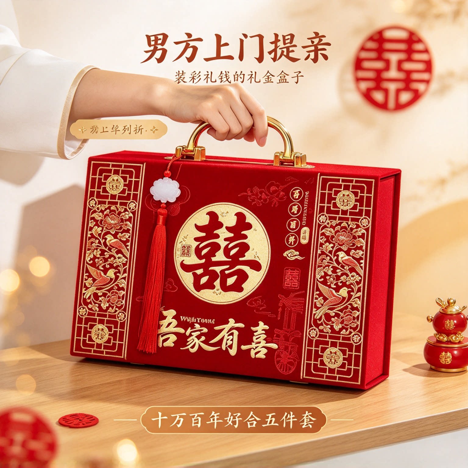 装彩礼钱的礼金盒子十万百年好合五件套男方上门提亲大红吉礼箱子