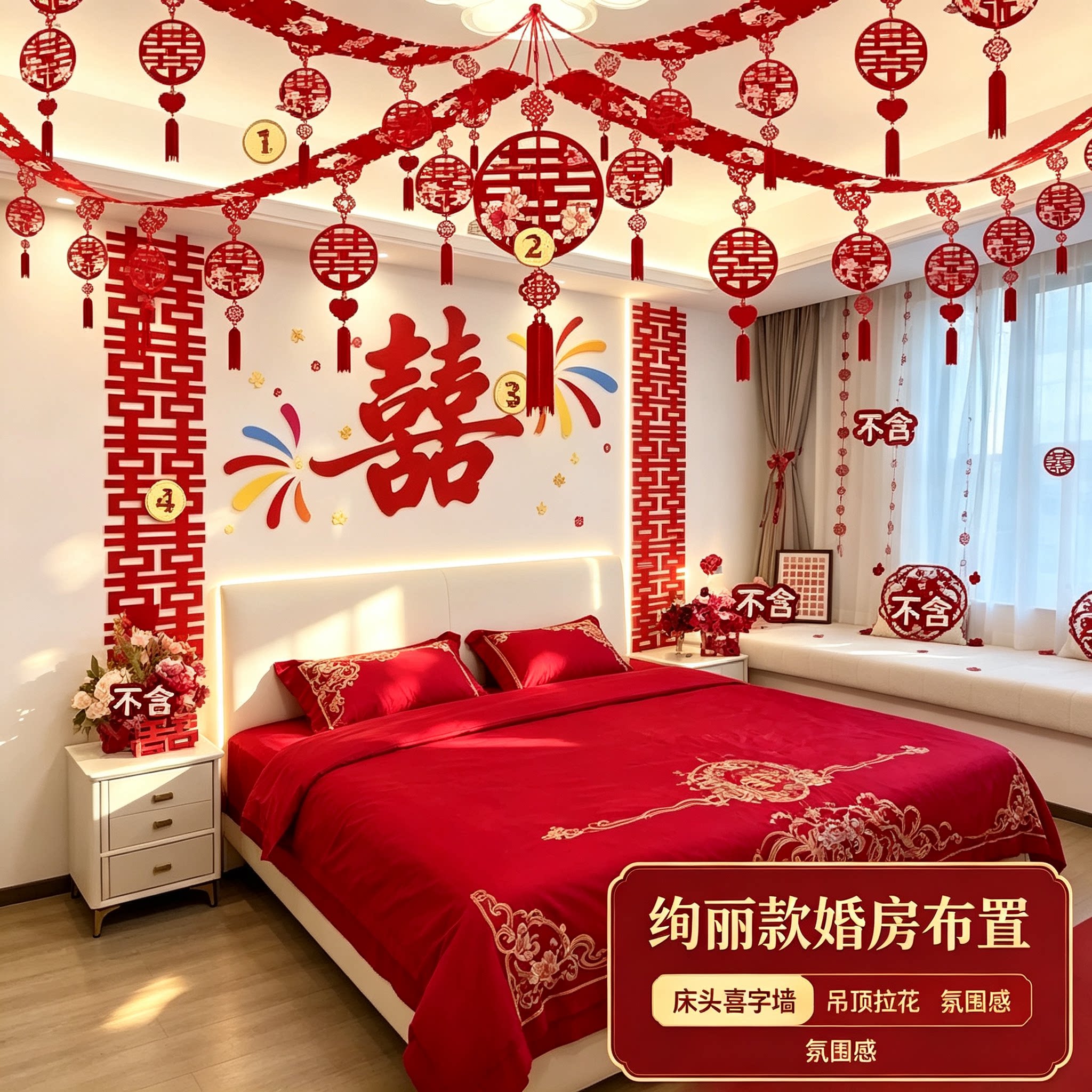 结婚婚房卧室床头喜字背景墙网红款男女方吊顶拉花高级感套