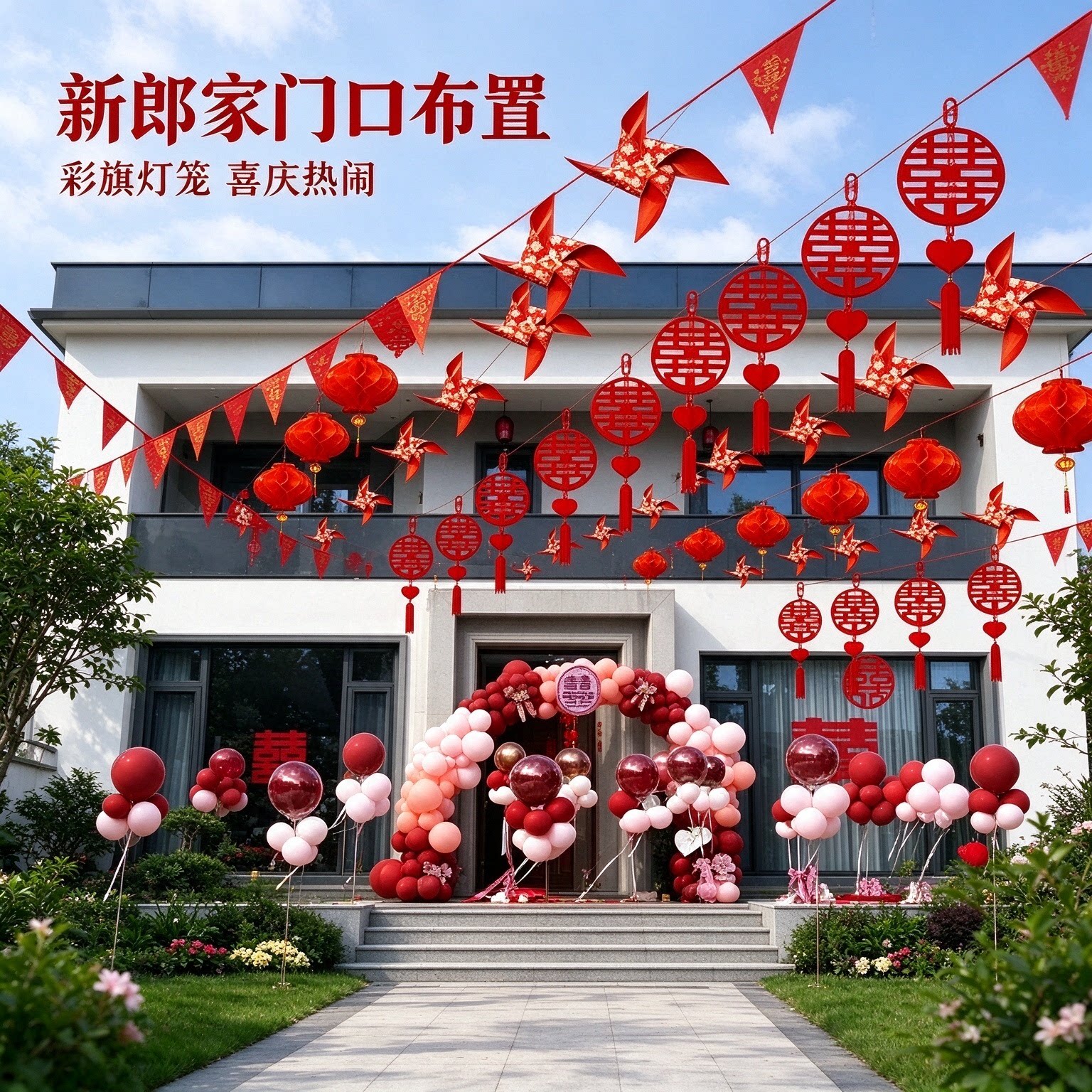 喜字拉花装饰新郎家门口彩旗灯笼风车喜庆大红结婚场景布置用品