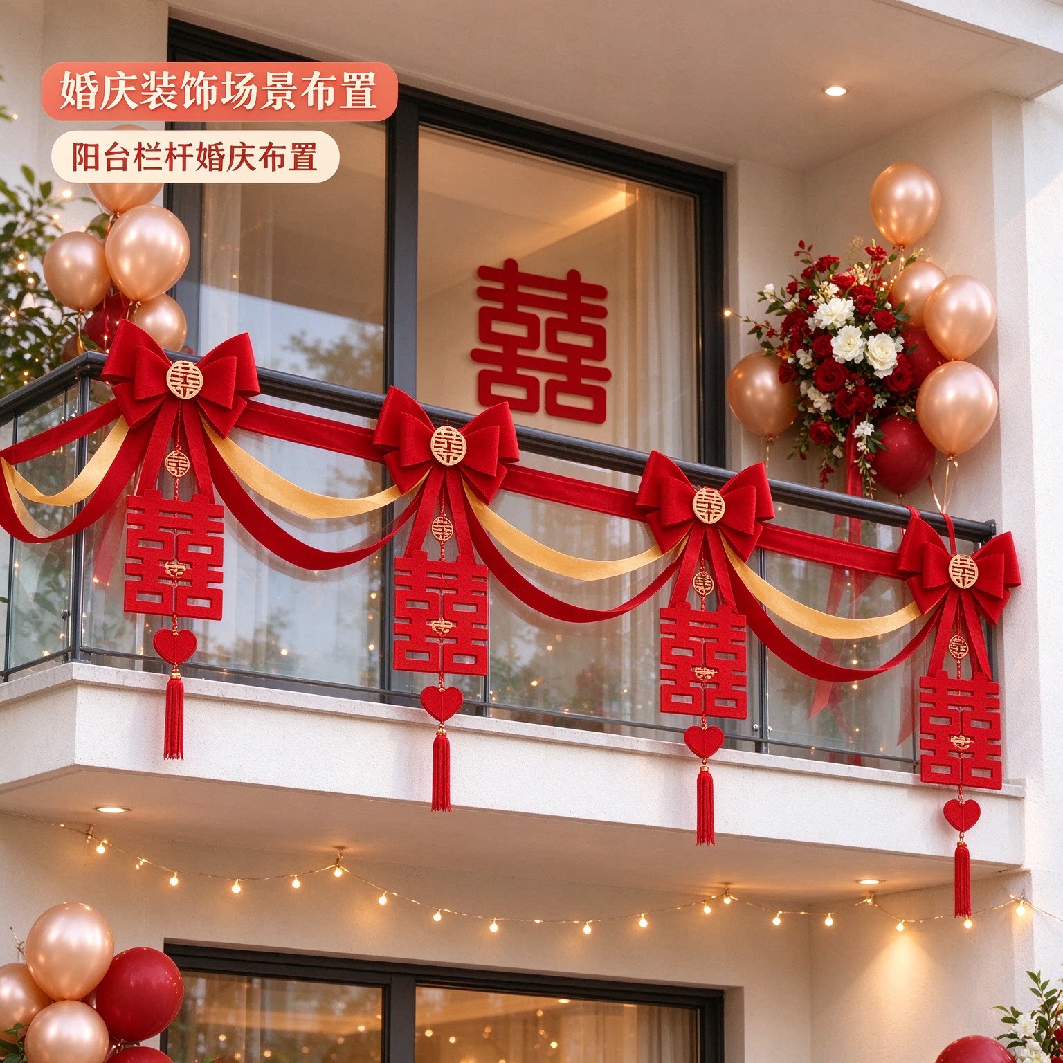 蝴蝶结拉花新人楼梯波浪旗彩旗大红喜字走廊过道婚庆装饰场景布置