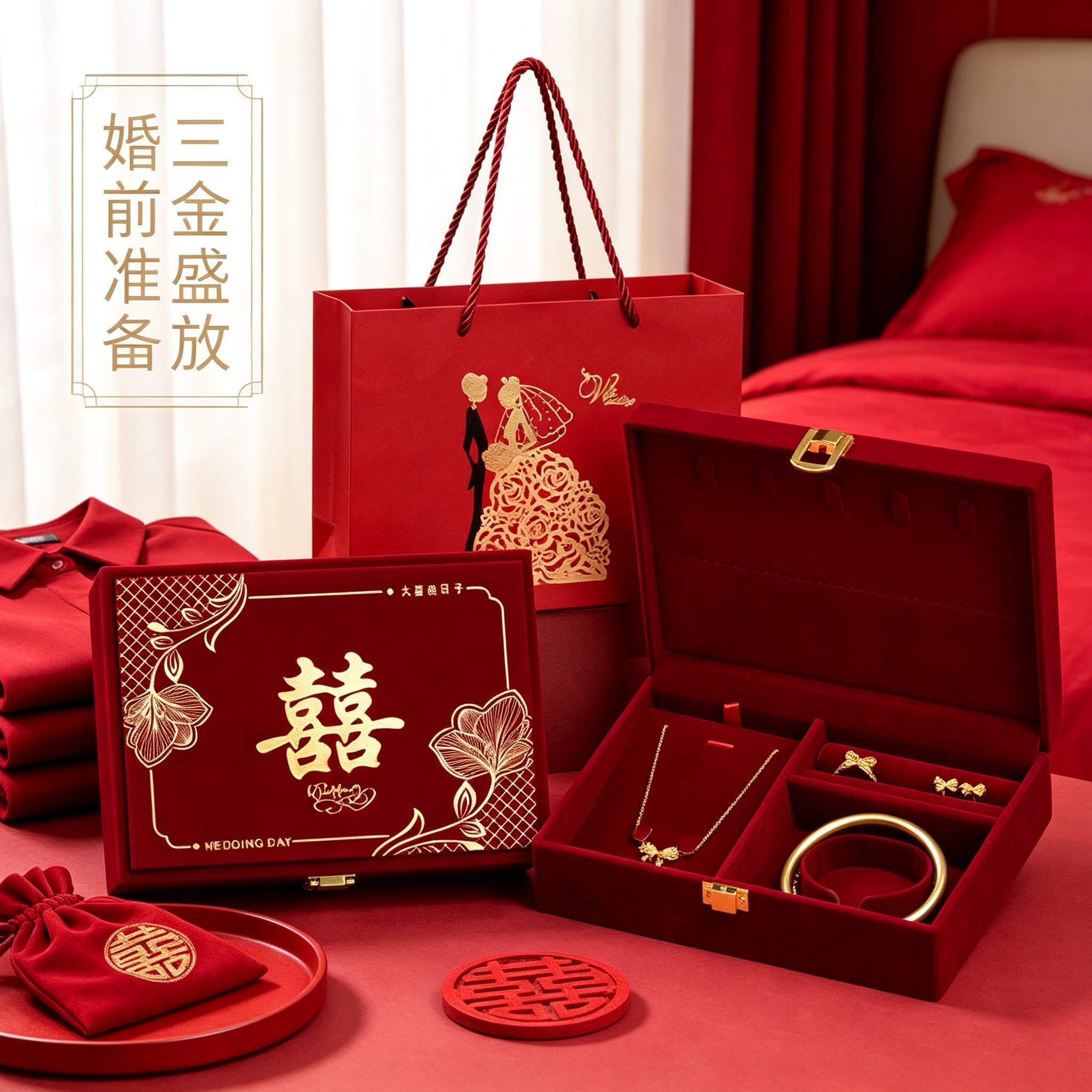 男方黄金首饰盒放五金订婚金器结婚彩礼钱盒子酒红质感三金盒