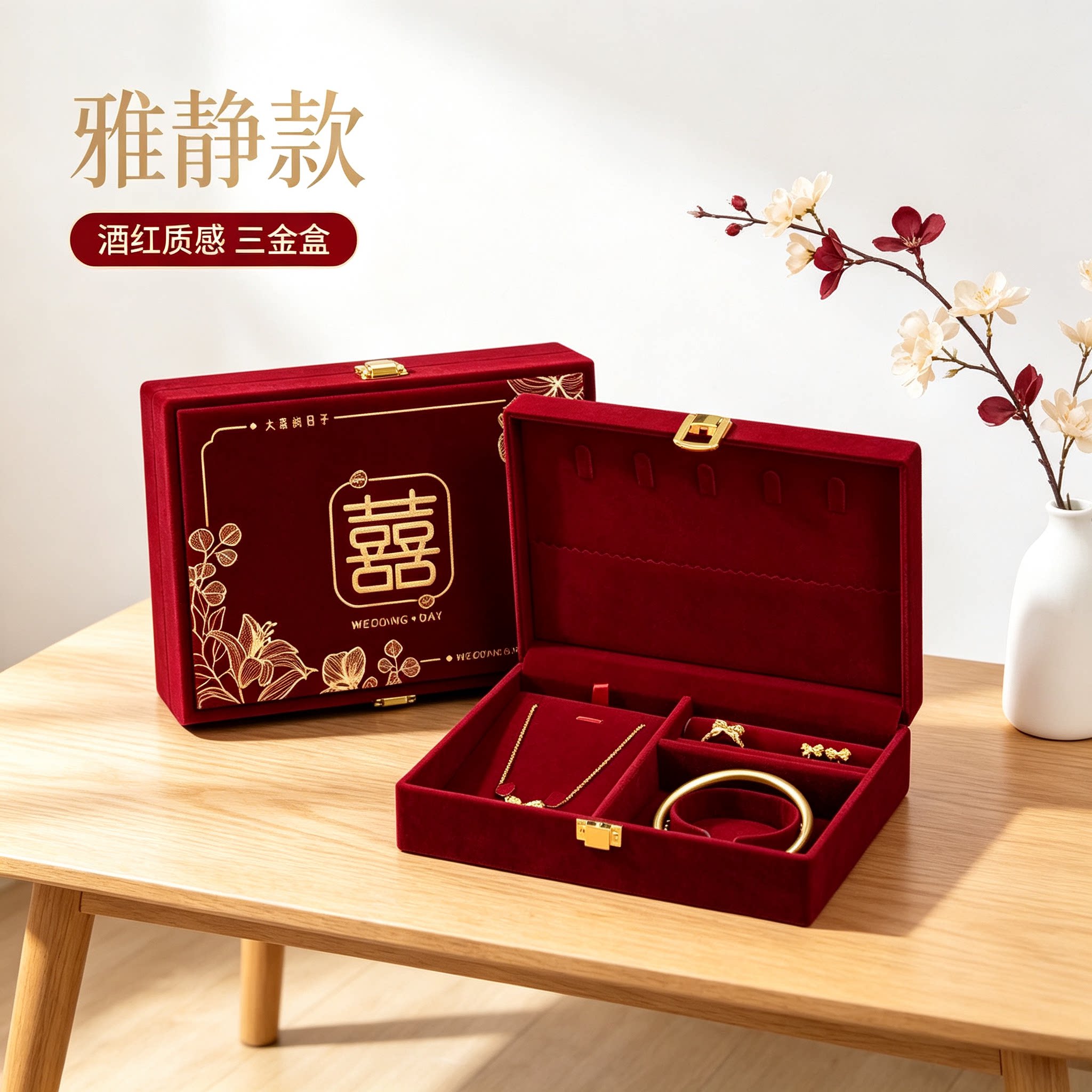 订婚黄金首饰盒放项链男方金器结婚彩礼钱盒子酒红质感三金盒