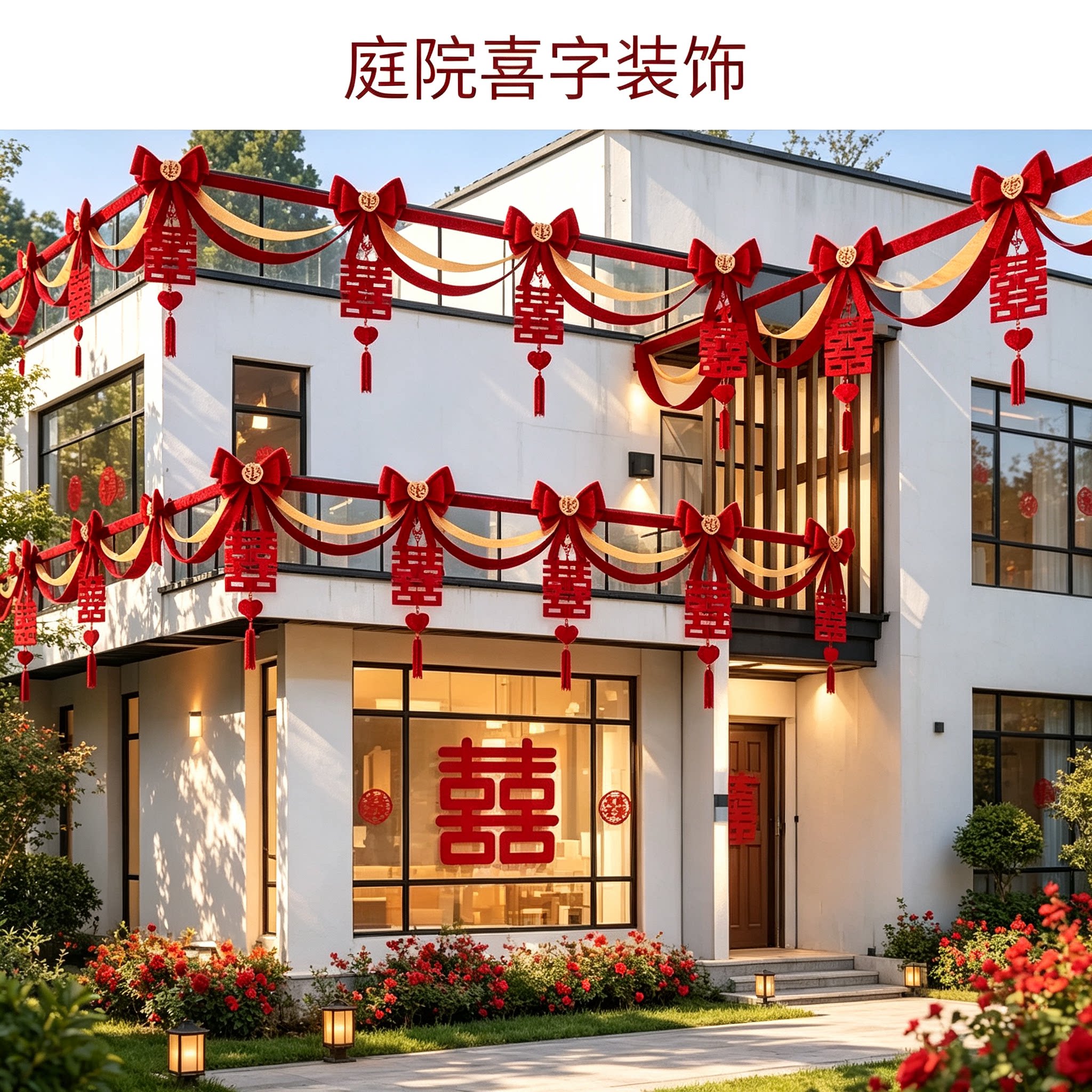 结婚拉花男方自建房彩旗创意红色喜庆大门口装饰场景布置装扮用品