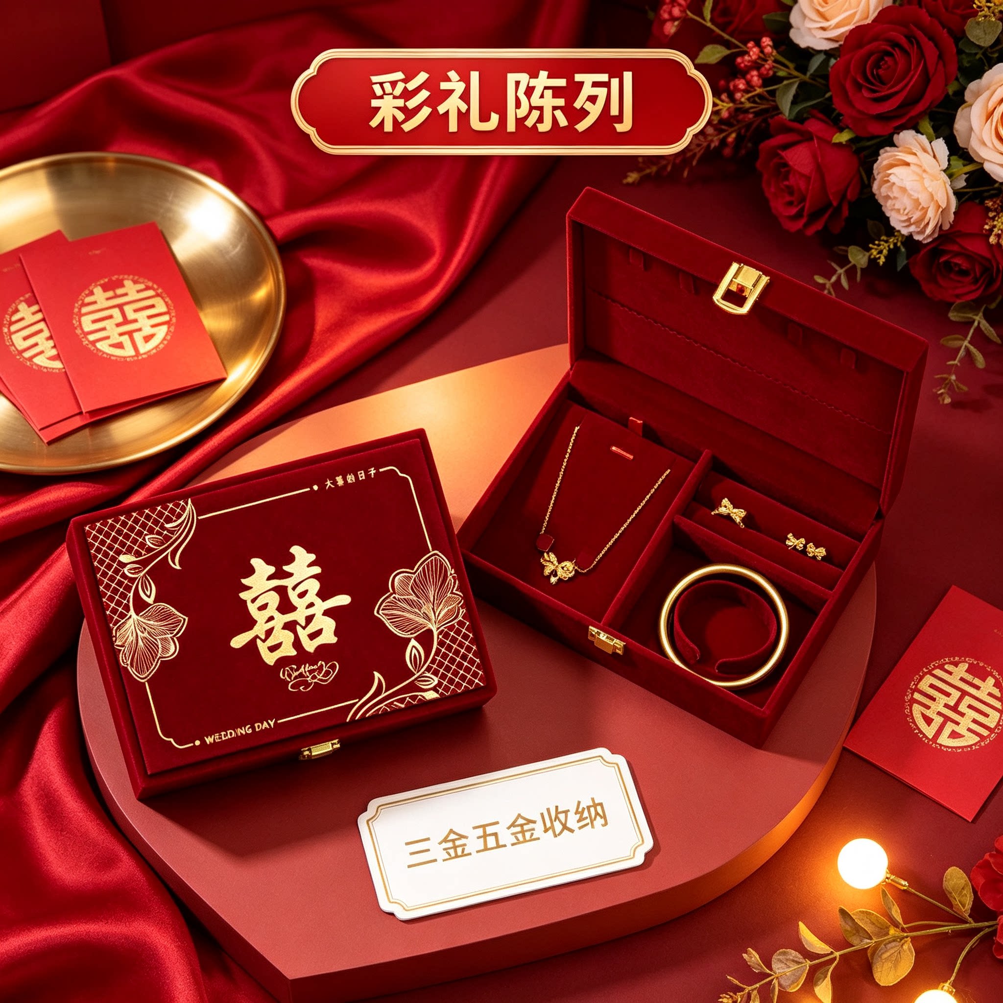 订婚礼金盒男方金器结婚彩礼钱盒子酒红质感婚礼三金五金盒