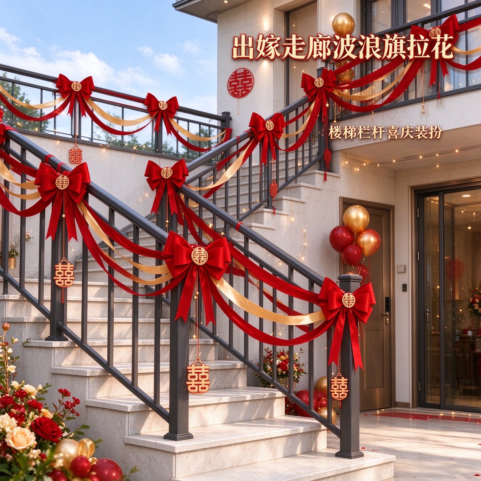 喜字拉花出嫁走廊波浪旗高级感彩旗别墅院子婚房装扮婚礼布置用品