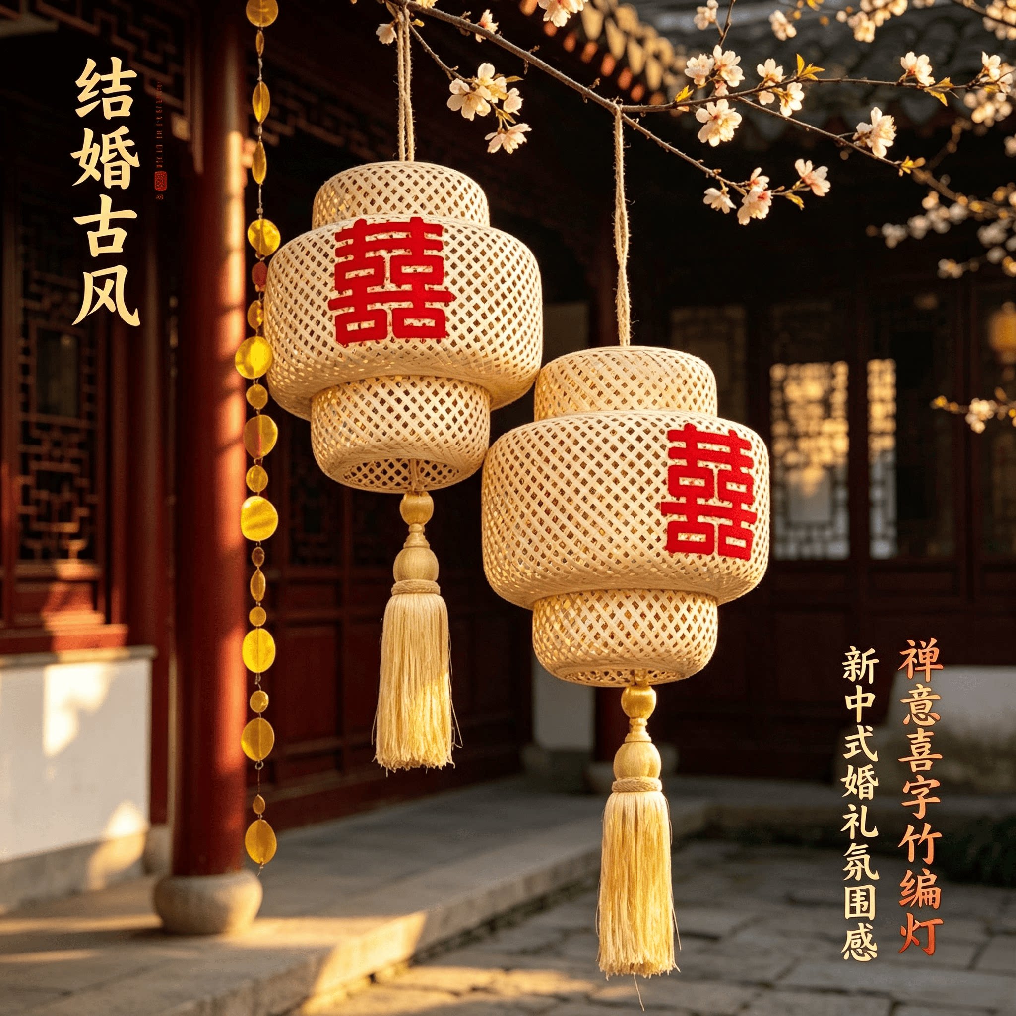 结婚古风灯笼禅意喜字竹编灯笼图片