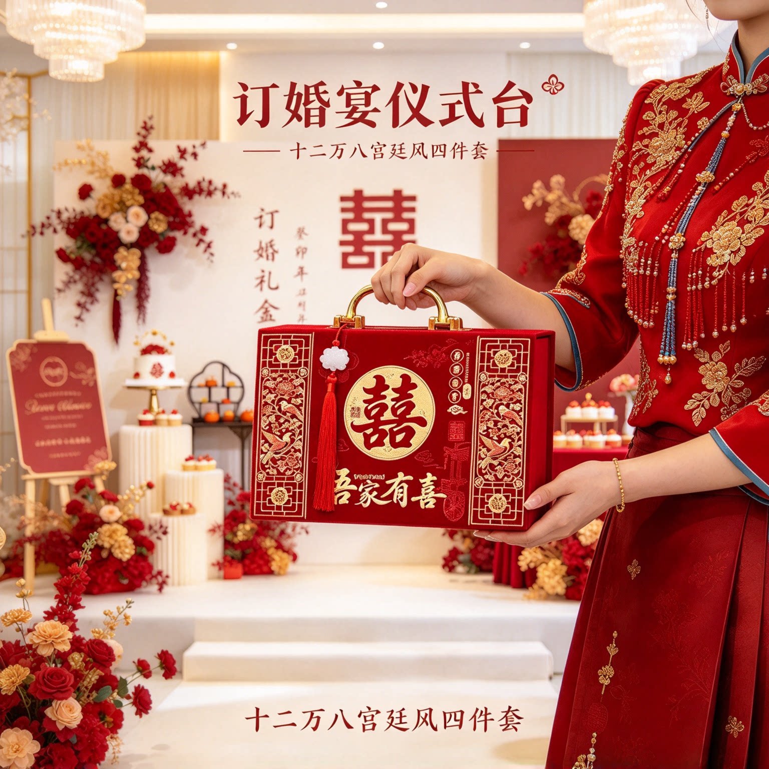 结婚彩礼现金礼盒十二万八宫廷风四件套婚礼仪式大红全套用品大全