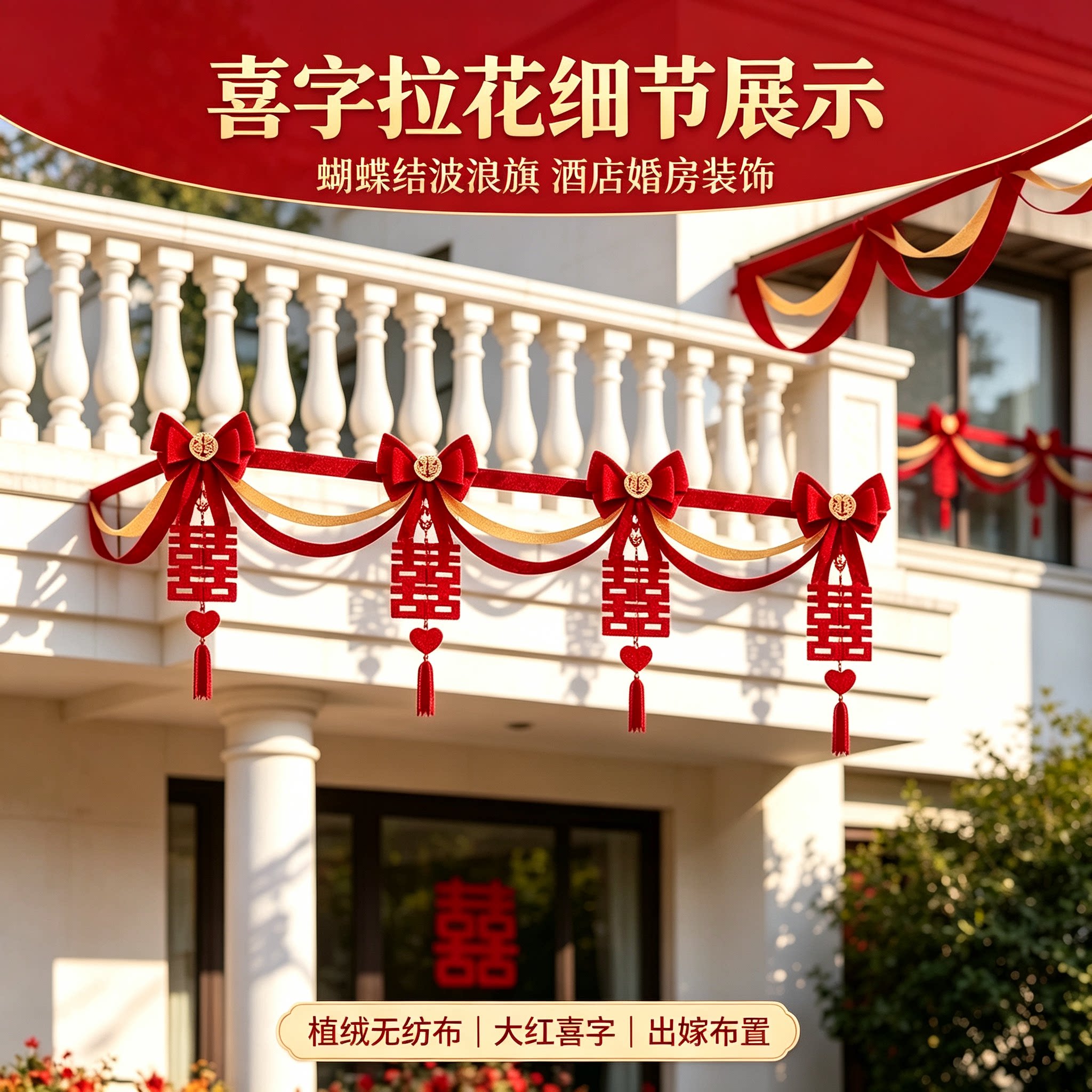 结婚拉花出嫁天花板蝴蝶结大红新款喜字酒店婚房装饰布置装扮用品