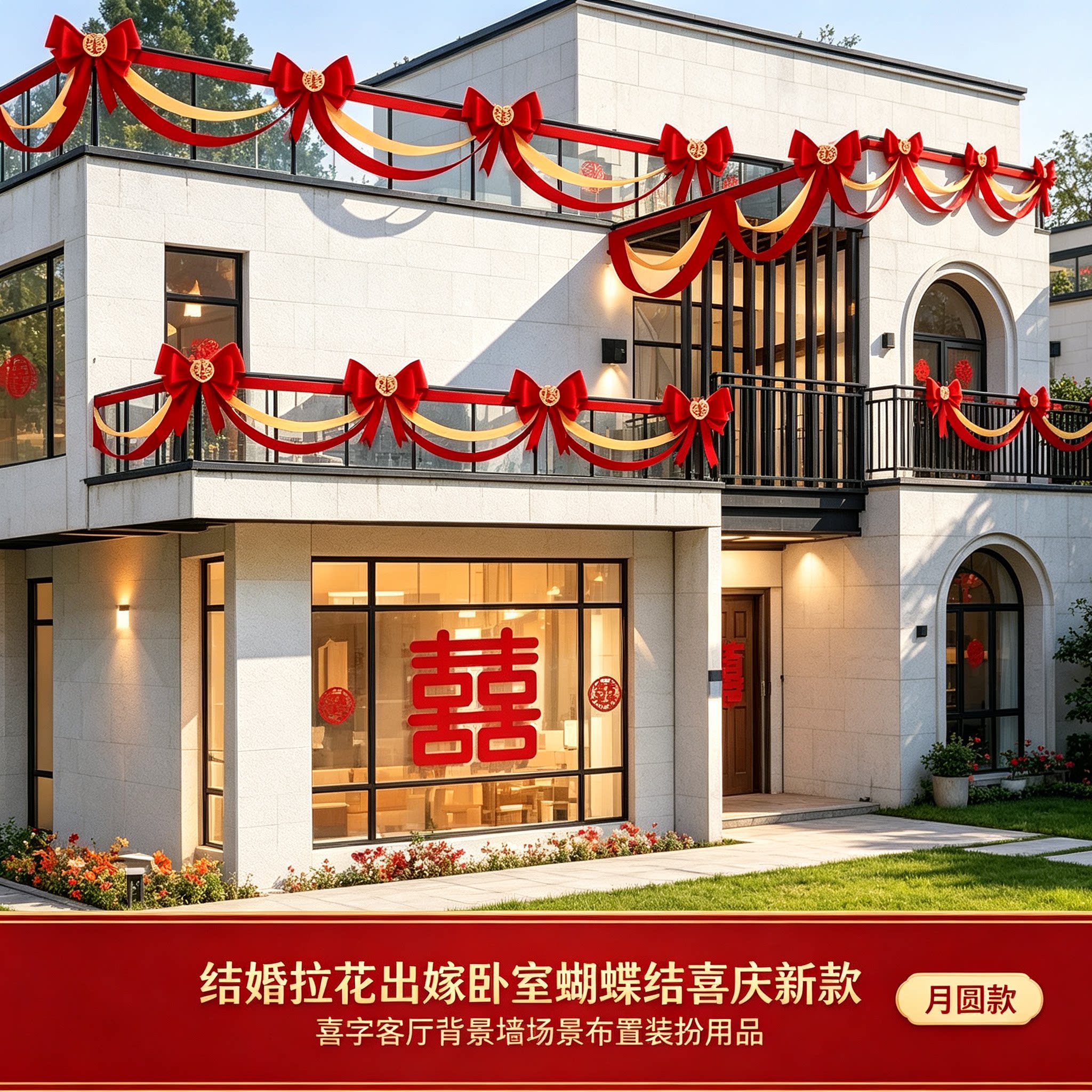 结婚拉花出嫁卧室蝴蝶结喜庆新款喜字客厅背景墙场景布置装扮用品