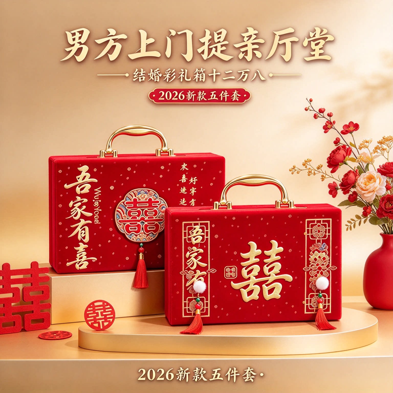 结婚彩礼箱礼金盒十二万八2026年新款五件套新婚大红全套用品大全
