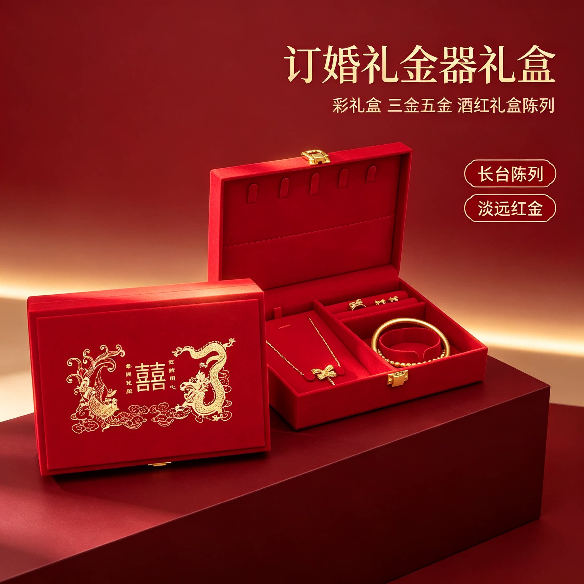 男方彩礼盒订婚金器结婚黄金首饰盒子酒红质感婚礼三金五金盒
