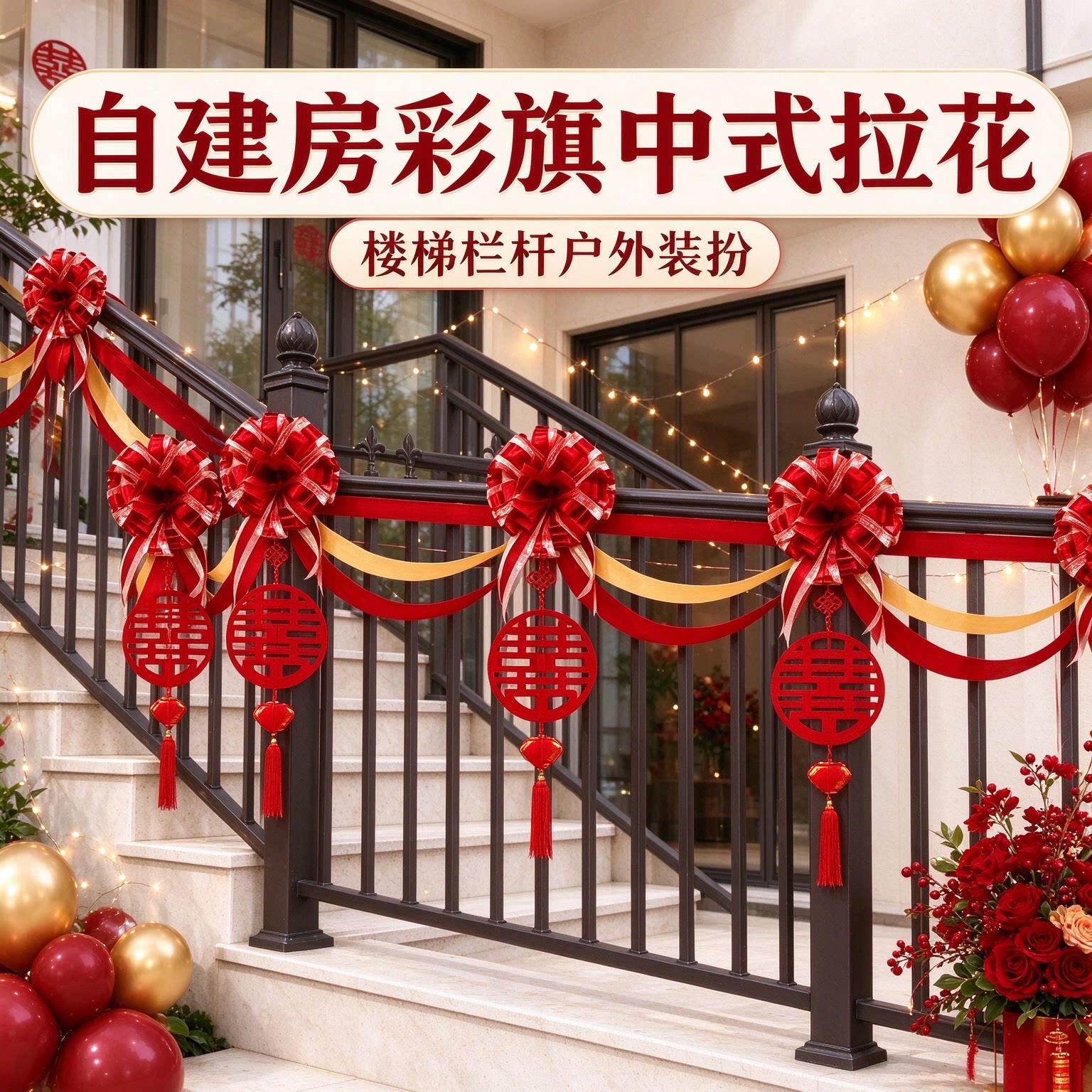 婚房拉花女方自建房彩旗中式蝴蝶结喜字楼梯扶手婚庆装饰装扮用品