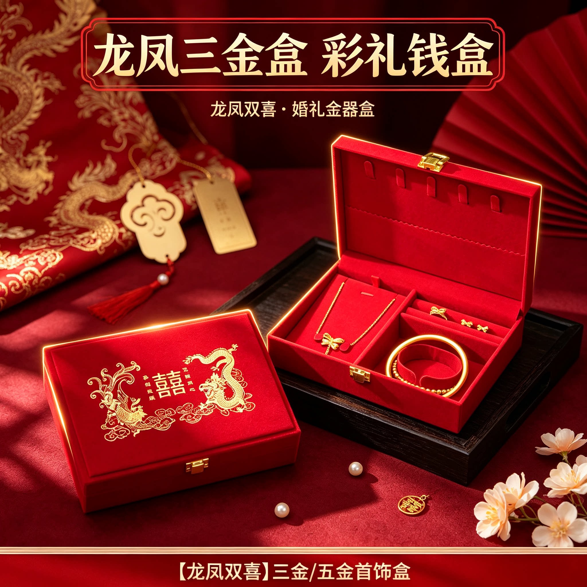 订婚黄金首饰盒放金器男方结婚彩礼钱盒子酒红质感婚礼三金盒