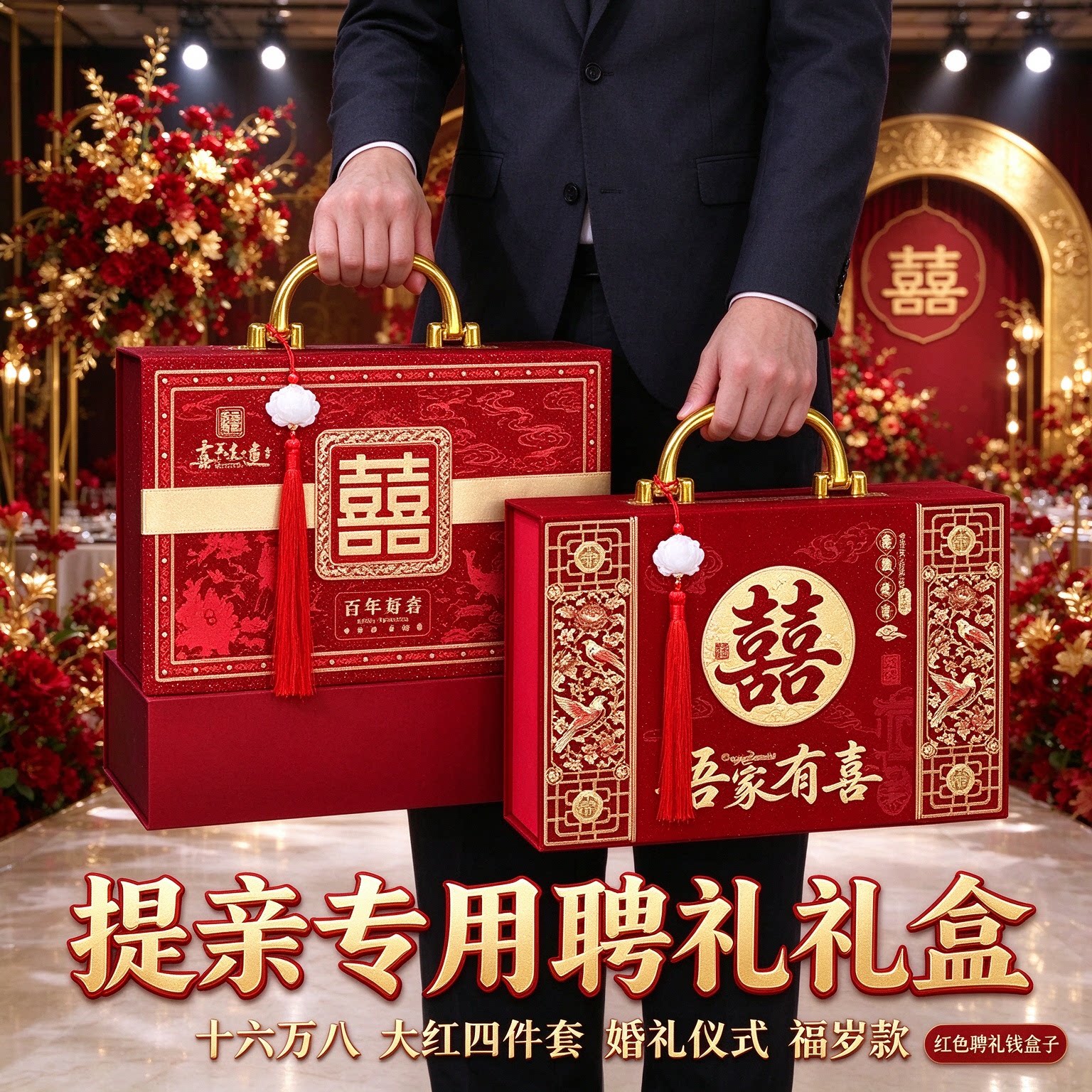 彩礼现金礼盒提亲专用十六万八大红四件套婚礼仪式红色聘礼钱盒子