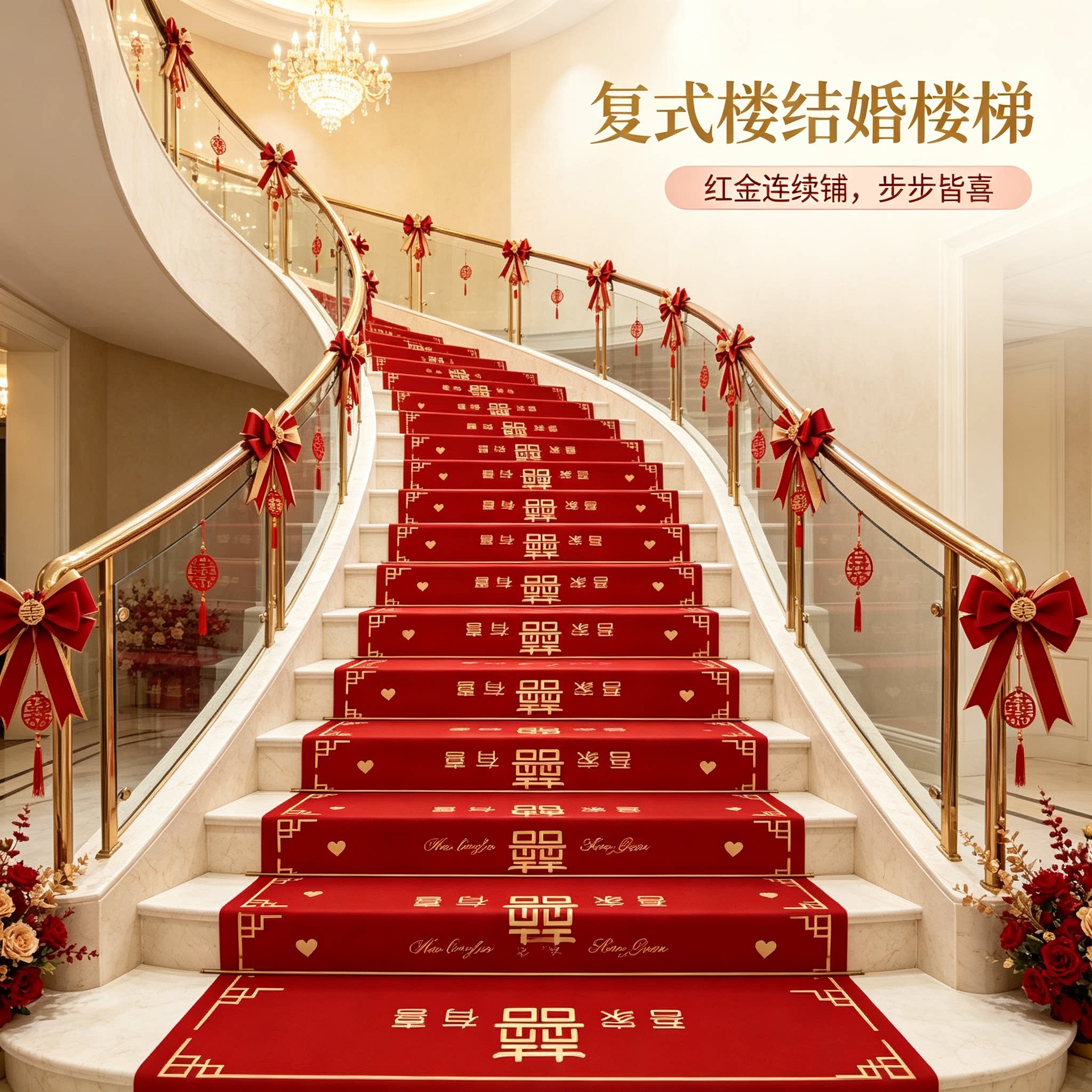 结婚楼梯踏步贴复式楼婚礼扶手台阶喜字贴婚庆地垫婚房布置地毯