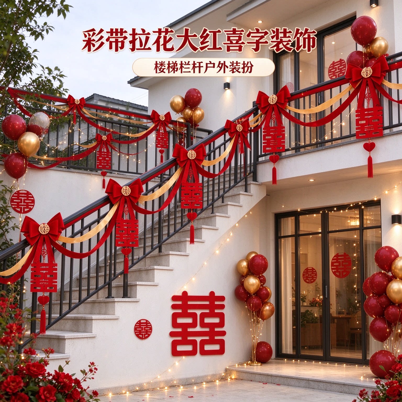 彩带拉花新人农村波浪旗高级感大红喜字楼梯扶手婚庆装饰布置用品