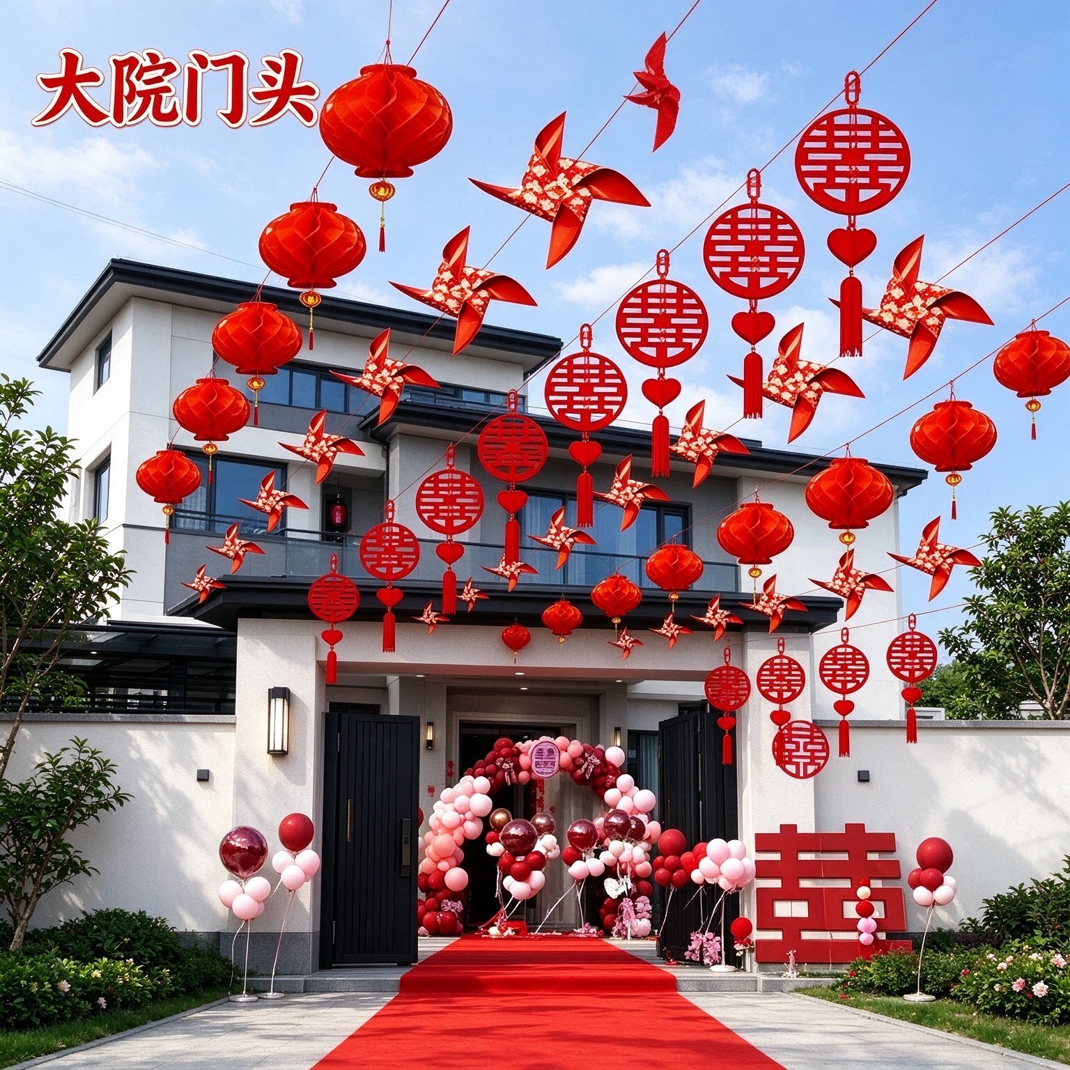 结婚彩带拉花备婚庭院户外彩印喜挂件喜庆大红婚房婚礼布置装饰