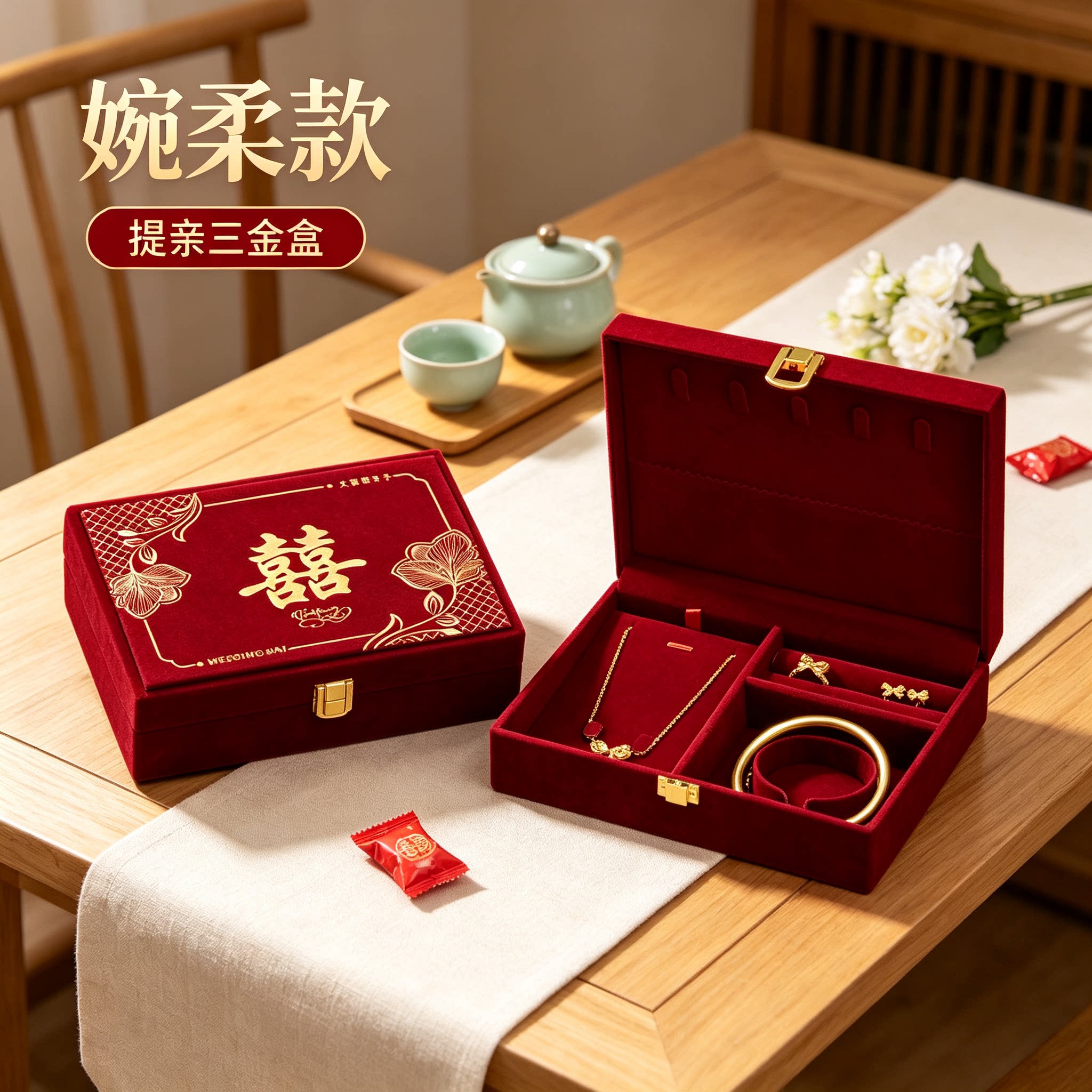 订婚黄金首饰盒提亲用男方金器结婚彩礼钱盒子酒红质感三金盒
