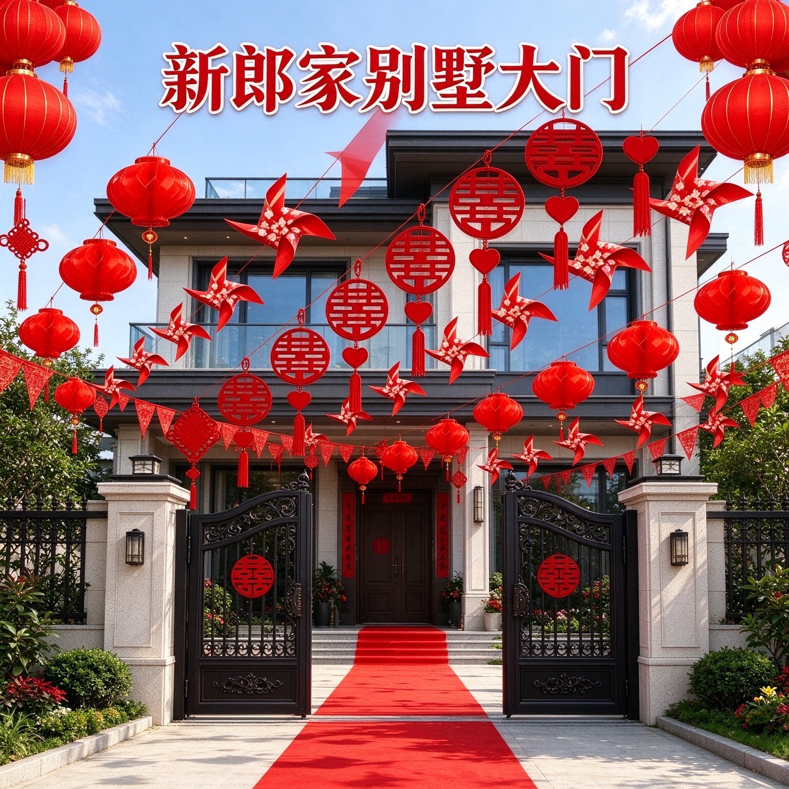 结婚彩带拉花新郎家大门彩旗灯笼风车喜庆大红婚房装饰用品大全