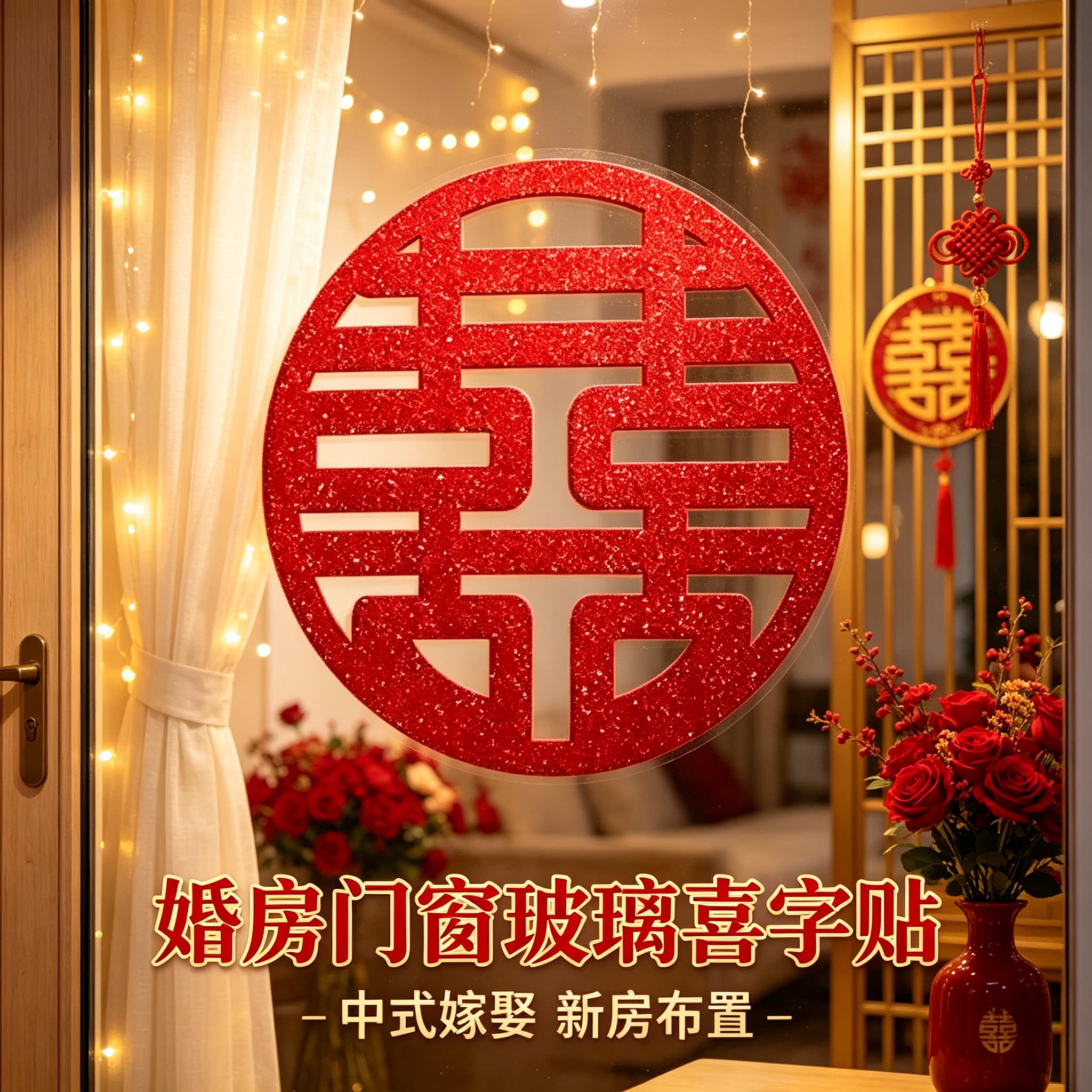 新国潮红葱囍字贴婚房门窗玻璃喜字贴中式嫁娶新房婚庆送礼好物