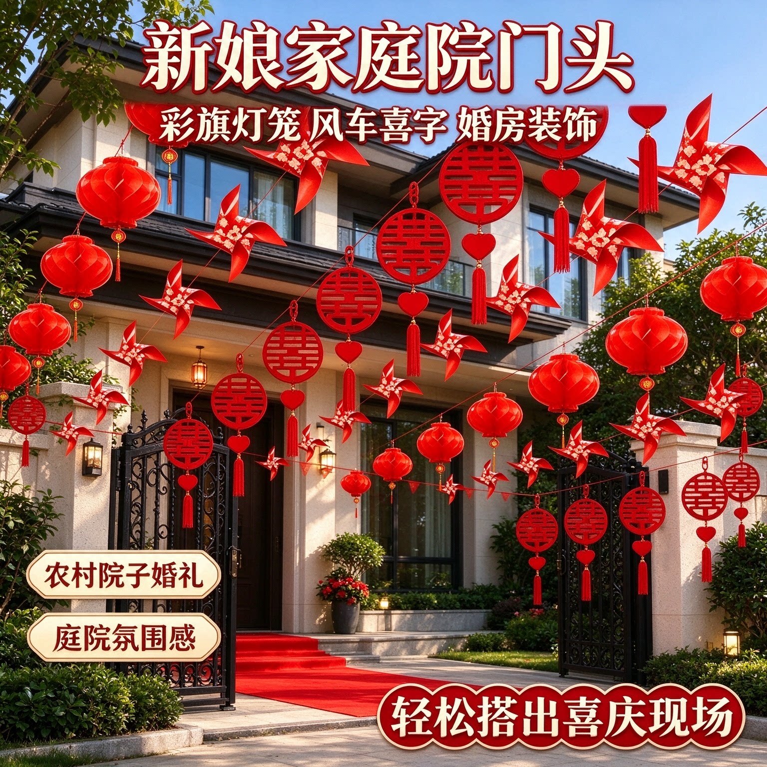 结婚拉花新娘家庭院户外彩旗灯笼风车喜庆大红婚庆场景布置用品