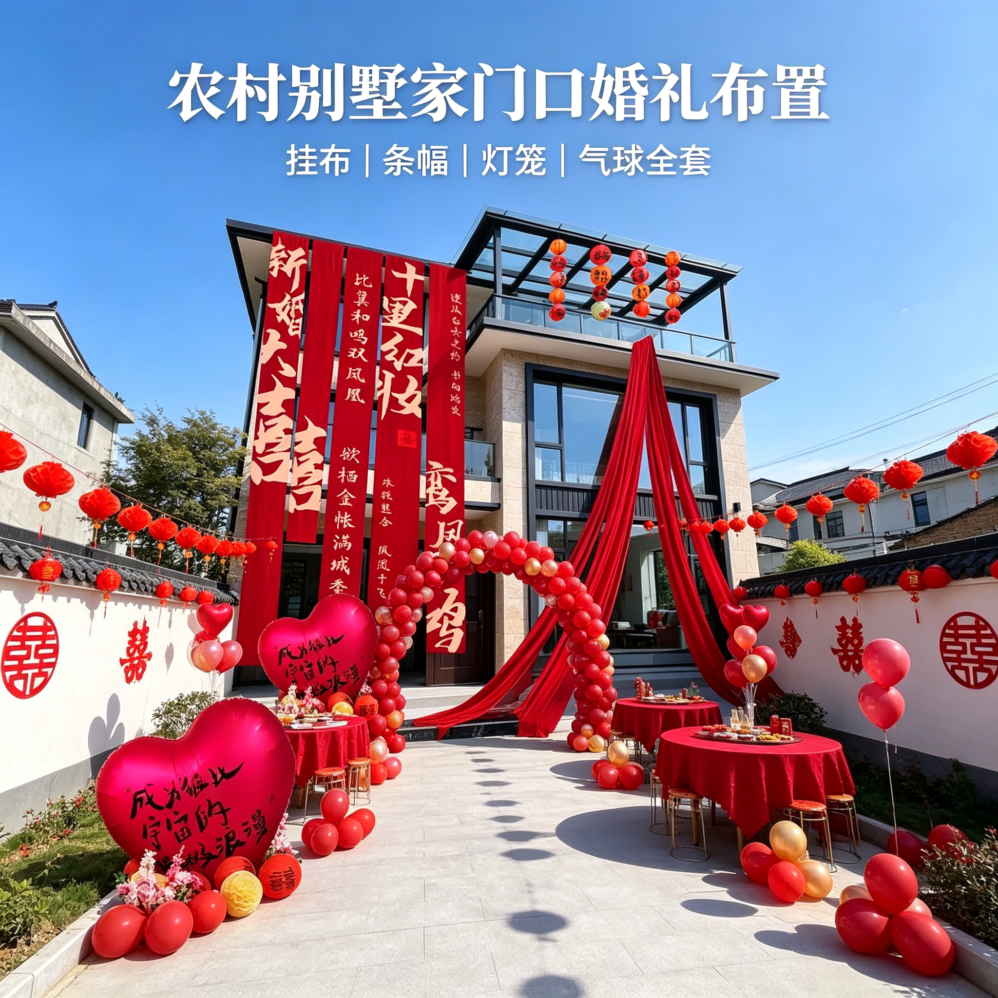 自建房院落结婚含灯笼气球挂布条幅套装农村别墅家门口防水嫁娶