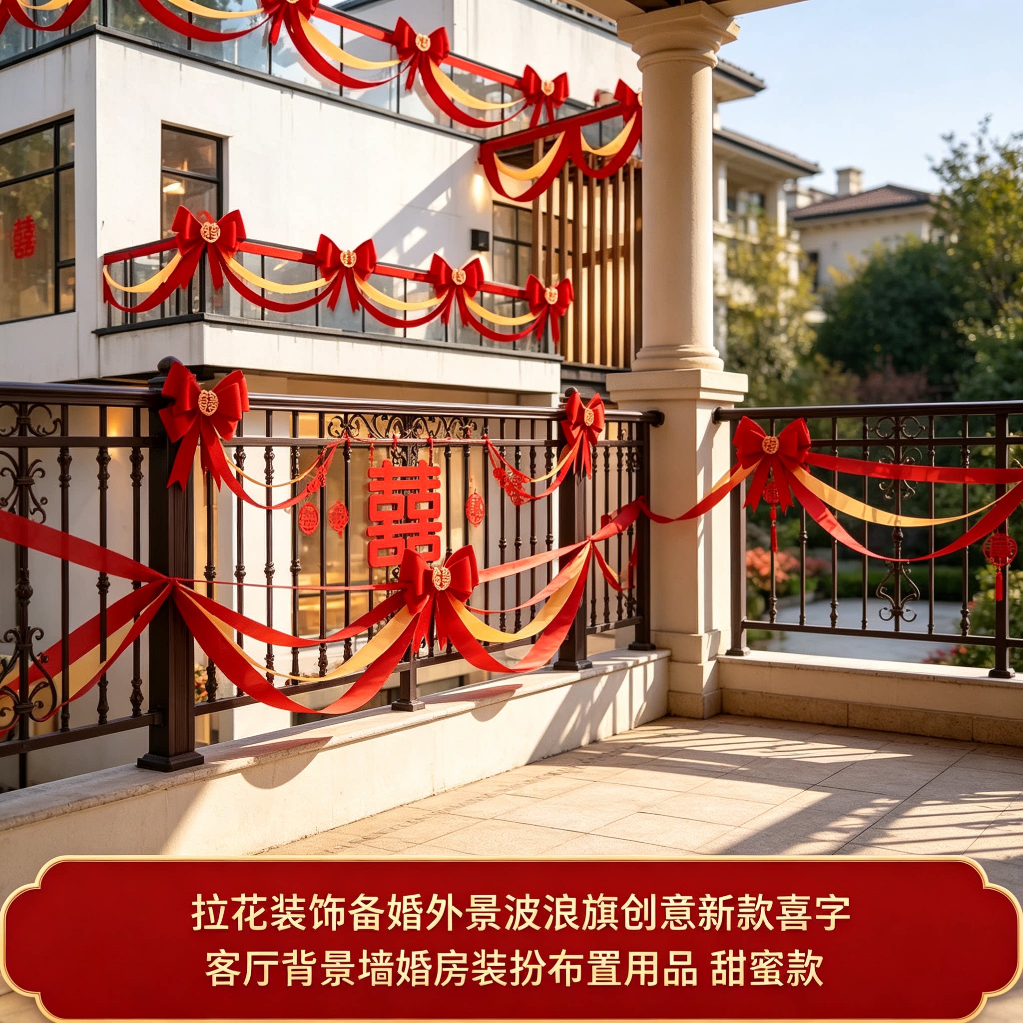 拉花装饰备婚外景波浪旗创意新款喜字客厅背景墙婚房装扮布置用品