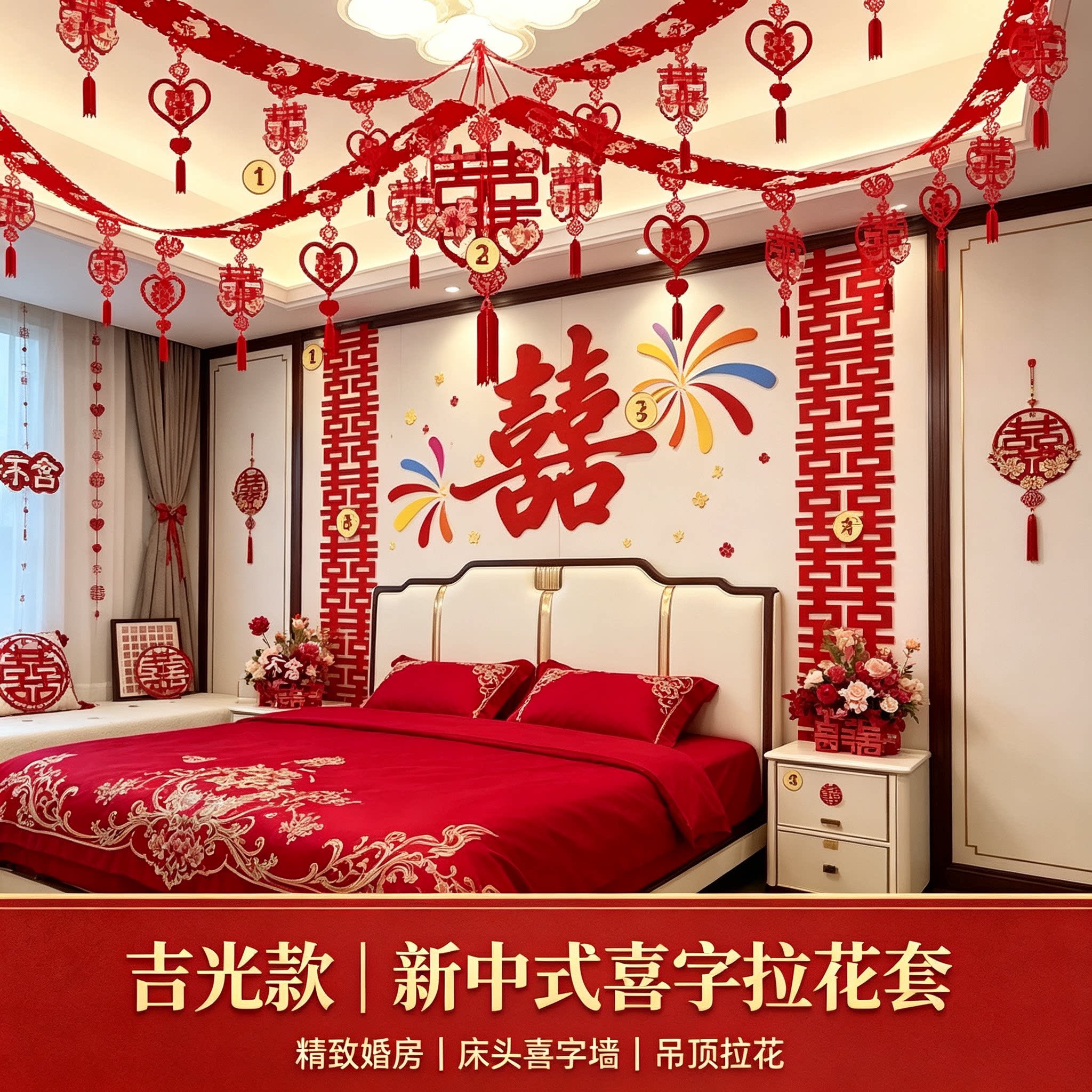 男女方结婚礼卧室床头喜字背景墙精致婚房吊顶拉花新中式