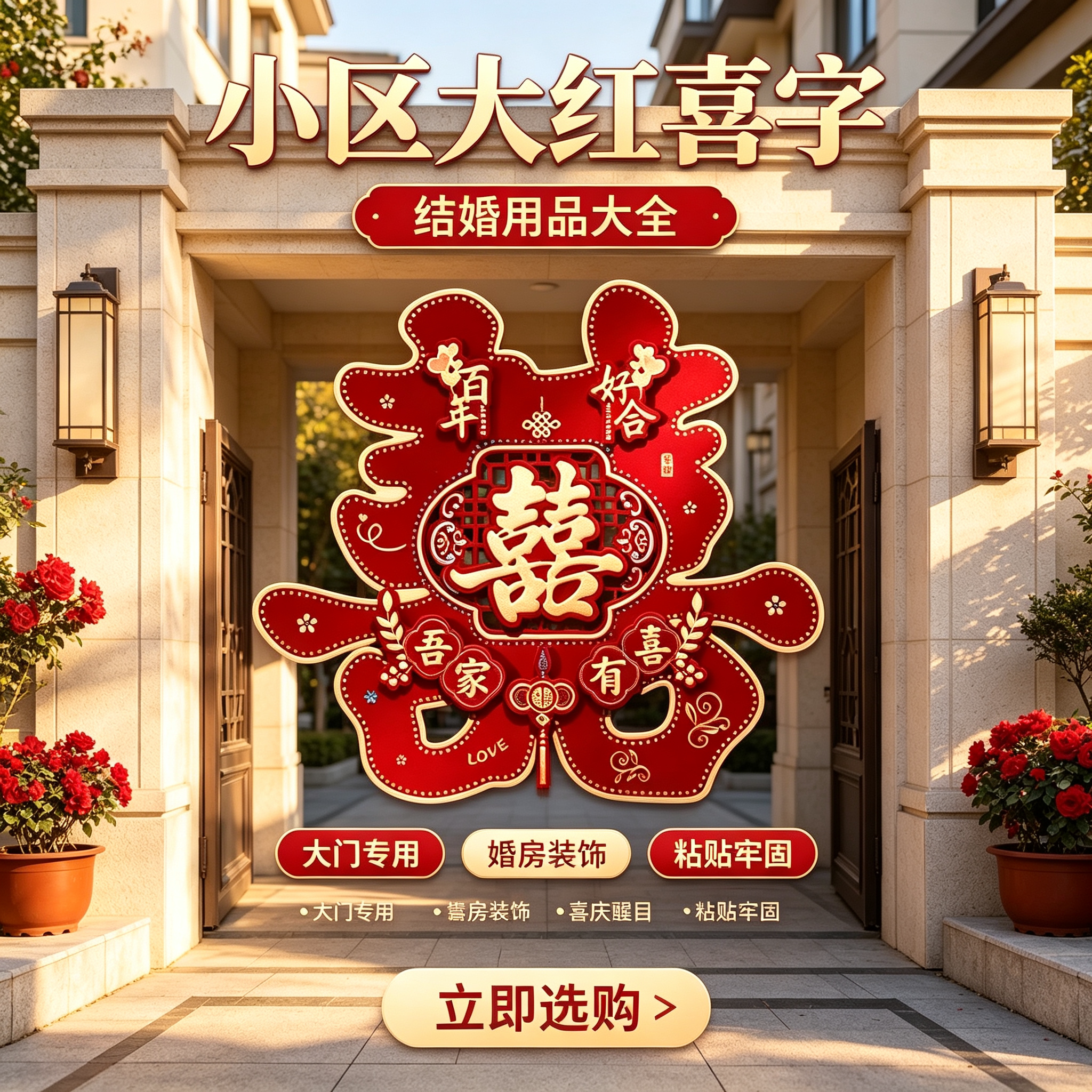 小区大红喜字结婚用品大全婚房