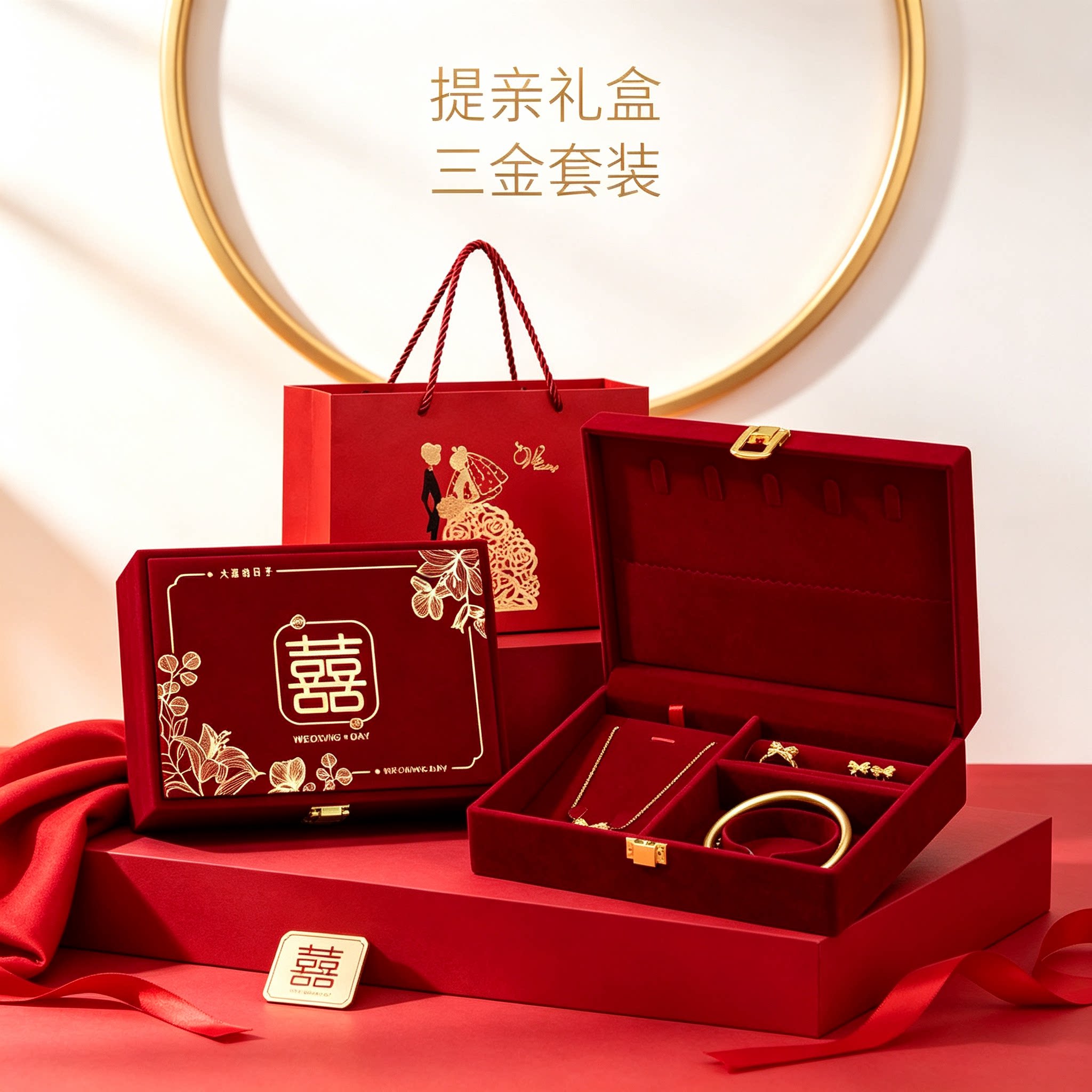 酒红黄金首饰盒提亲用男方金器订婚结婚彩礼钱盒子质感三金盒