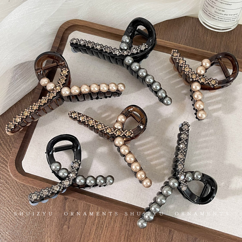 珍珠闪钻大号鲨鱼夹女夏天高级感精致发夹发量多气质百搭发卡头饰