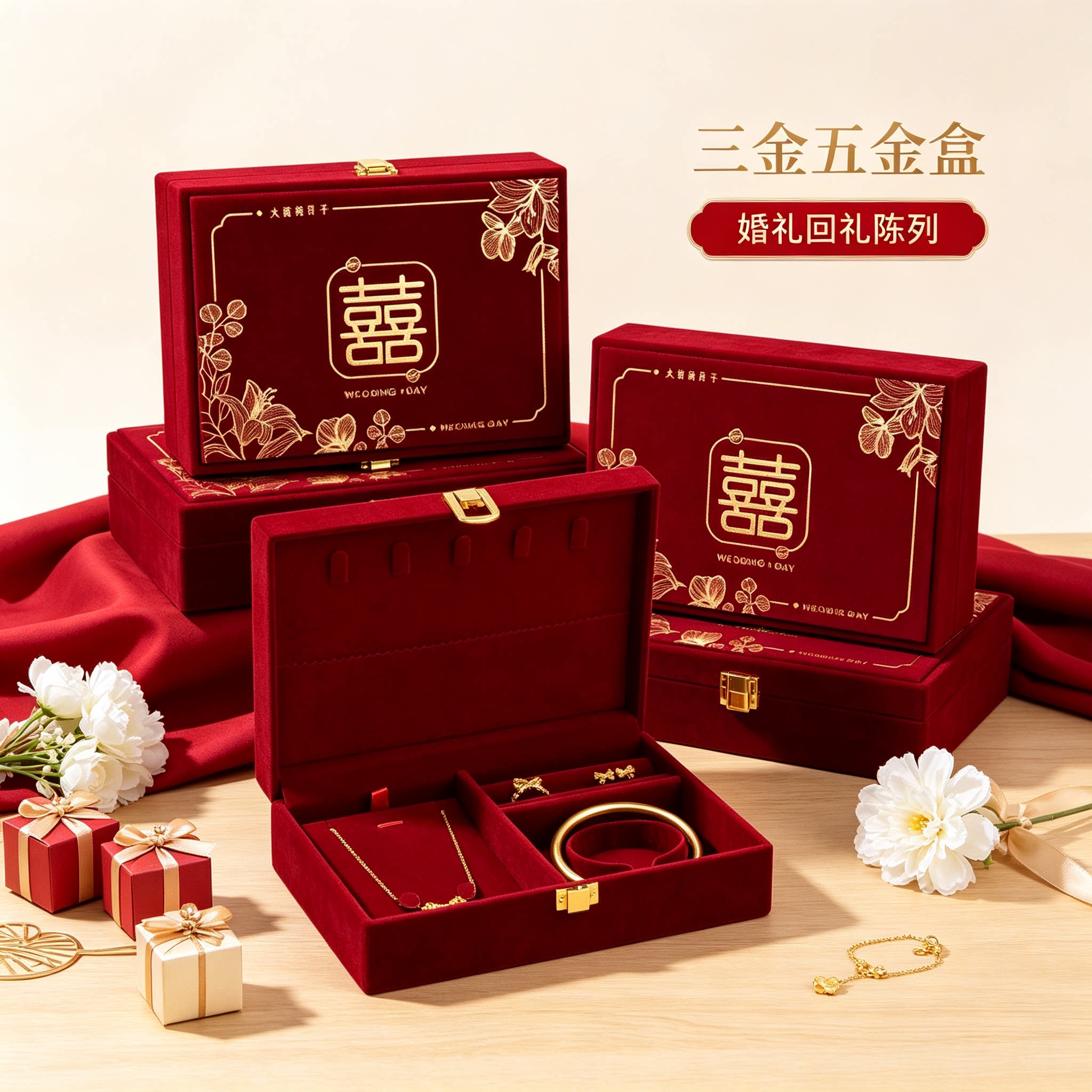 酒红礼金盒男方金器订婚结婚彩礼钱盒子质感婚礼三金五金盒