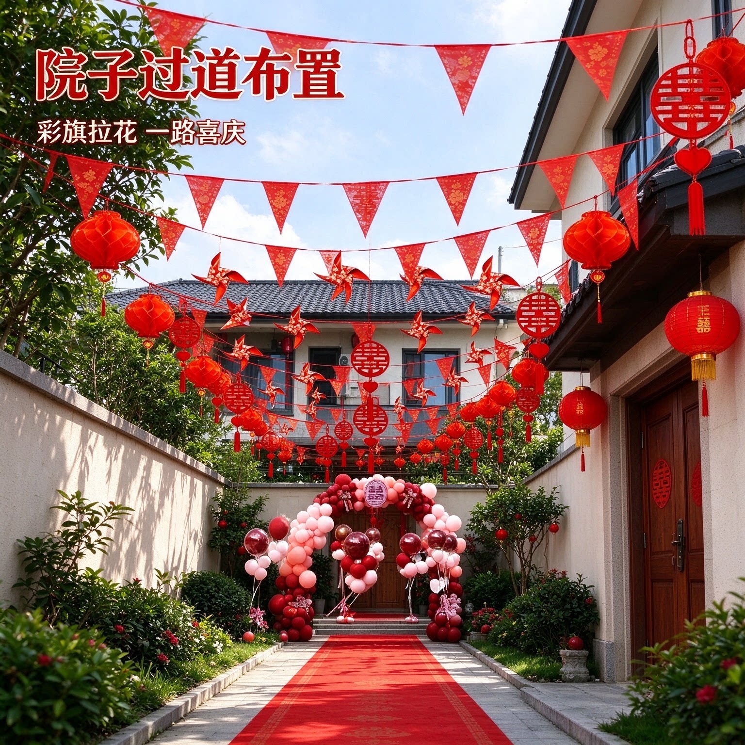 婚庆拉花彩带新郎家庭院户外彩旗灯笼喜庆大红婚房装饰用品大全