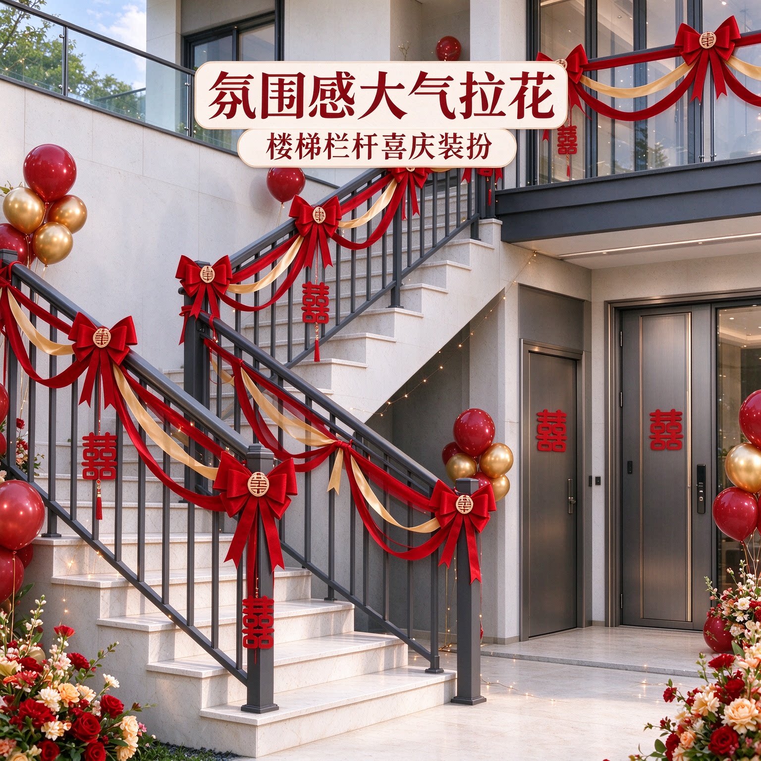 婚礼拉花别墅背景墙蝴蝶结氛围感大气农村自建房婚庆装饰场景布置