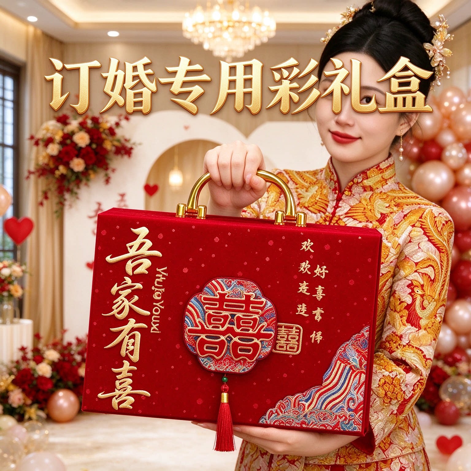 彩礼现金礼盒高级感六万植绒四件套男方上门提亲大红吉礼用品大全