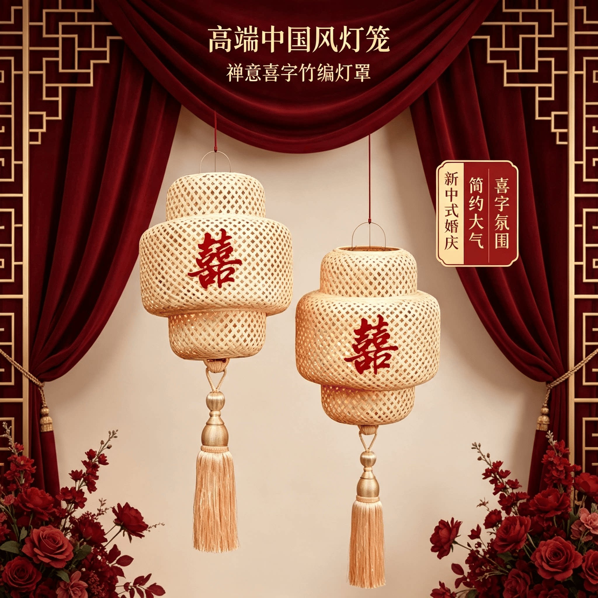 高端中国风灯笼禅意喜字竹编灯笼