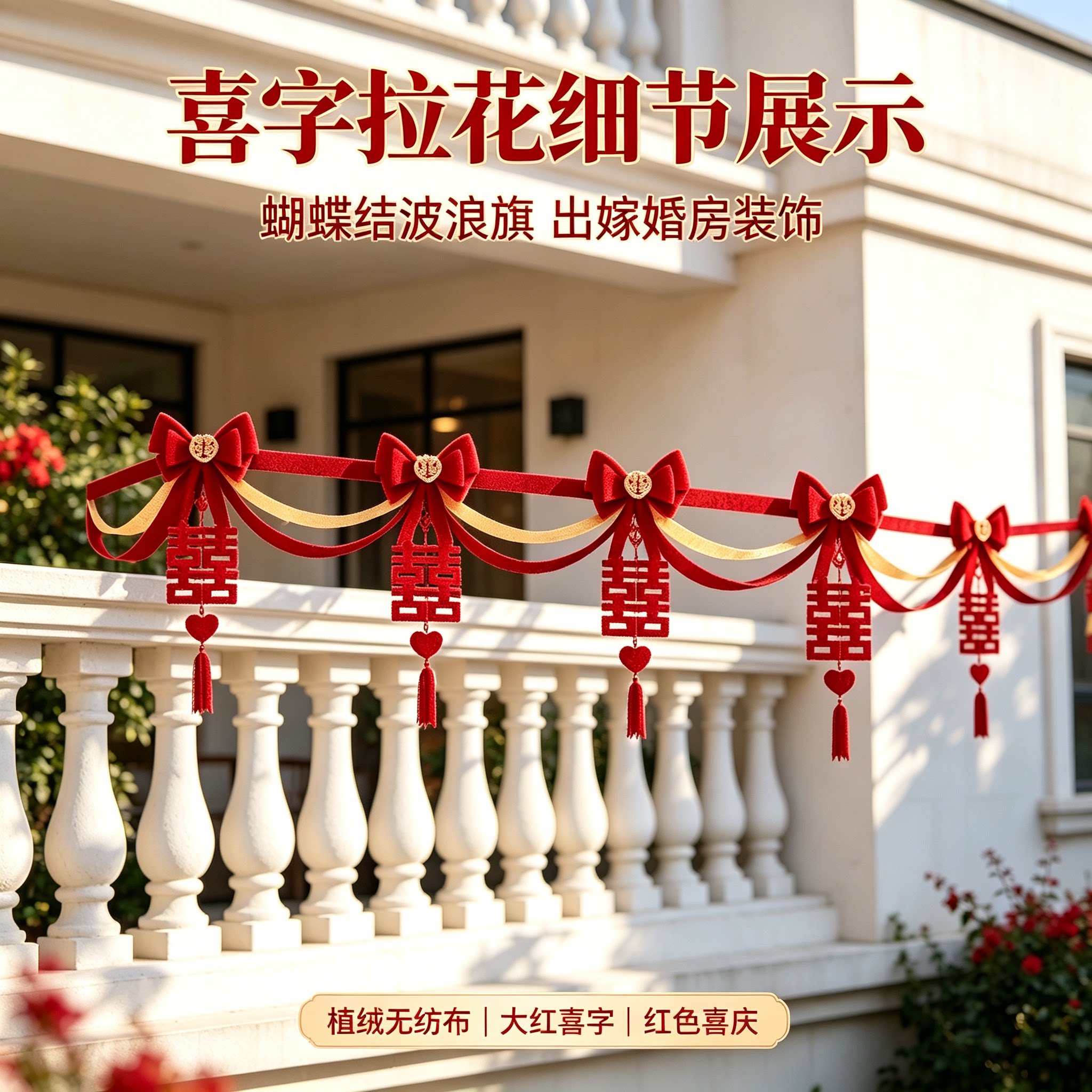 婚礼布置出嫁床头波浪旗红色新款喜字沙发背景墙婚房装扮拉花用品