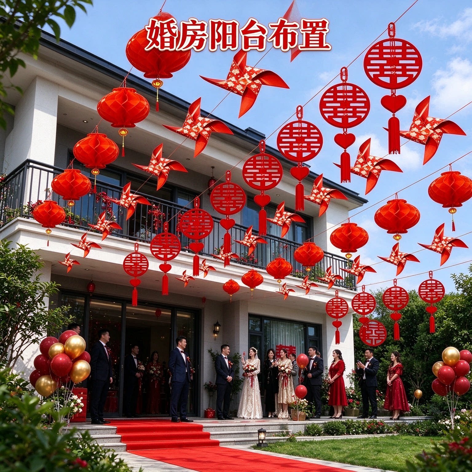 结婚彩带拉花出嫁庭院户外彩旗灯笼风车高级感婚庆装饰用品大全