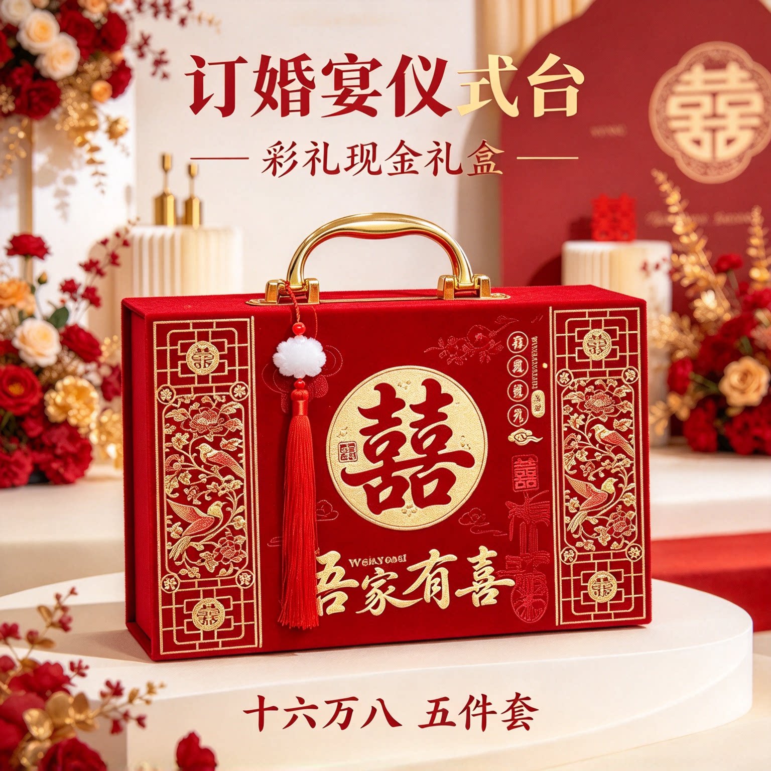 男方下聘彩礼现金礼盒十六万八2026新款五件套结婚大红厚礼钱盒子