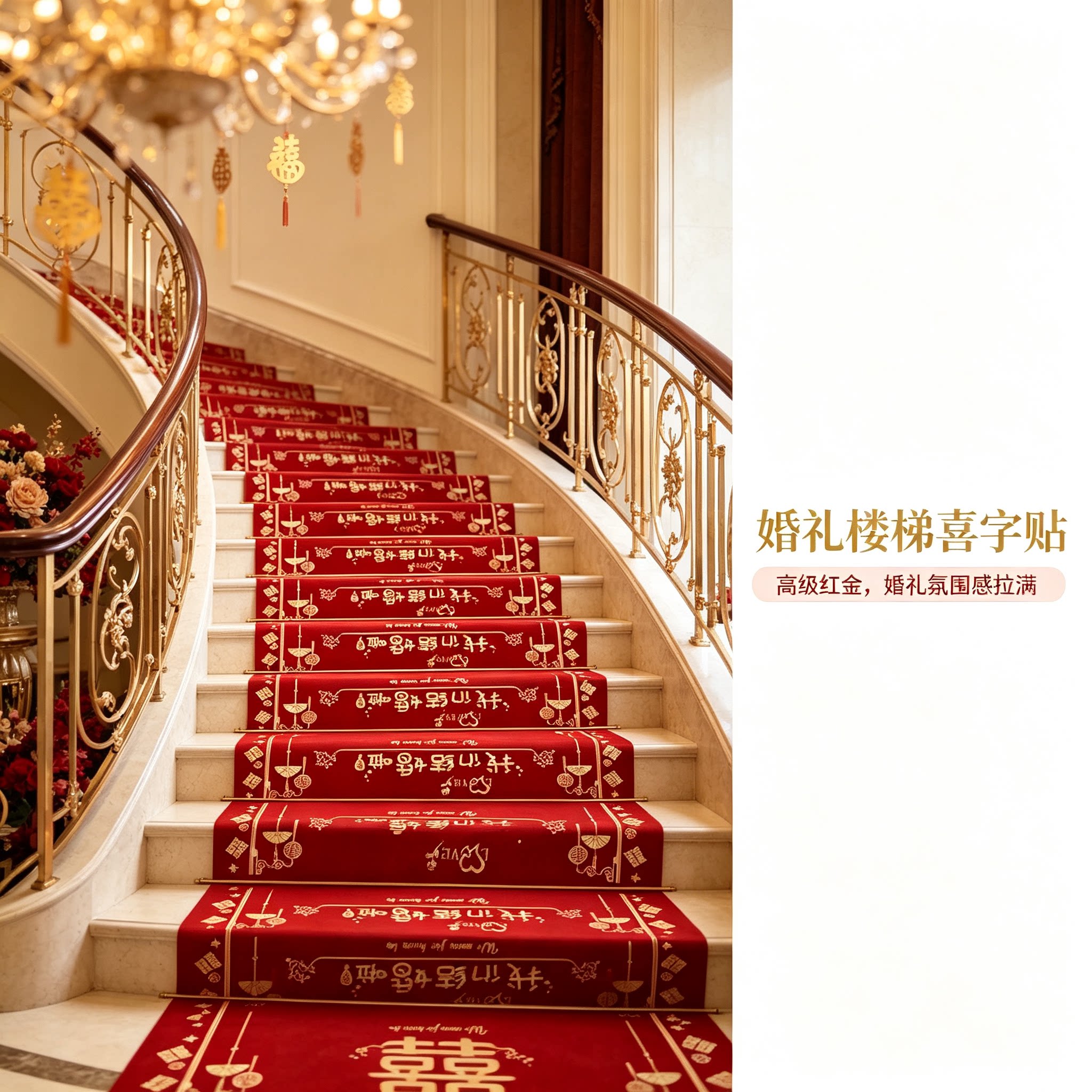 结婚楼梯喜字贴装饰男方婚礼扶手台阶踏步贴婚庆地垫婚房布置地毯